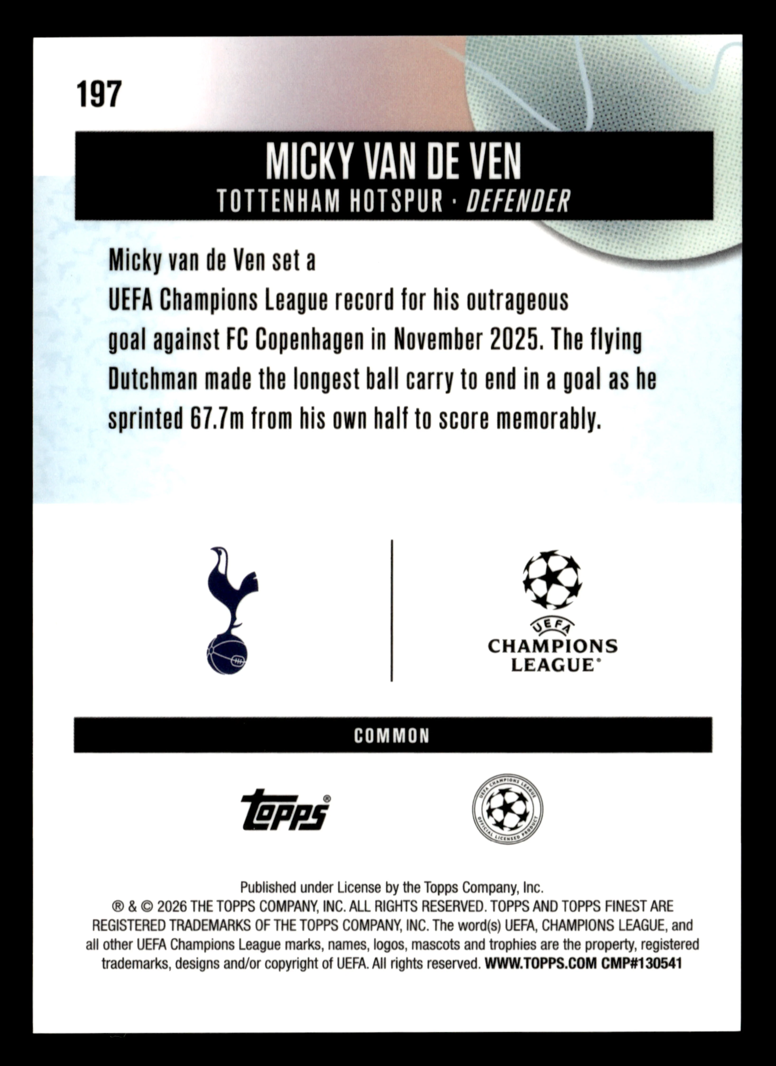 2025-26 Finest UEFA Club Competitions #197 Micky van de Ven Gold Refractor #/50 - Image 2