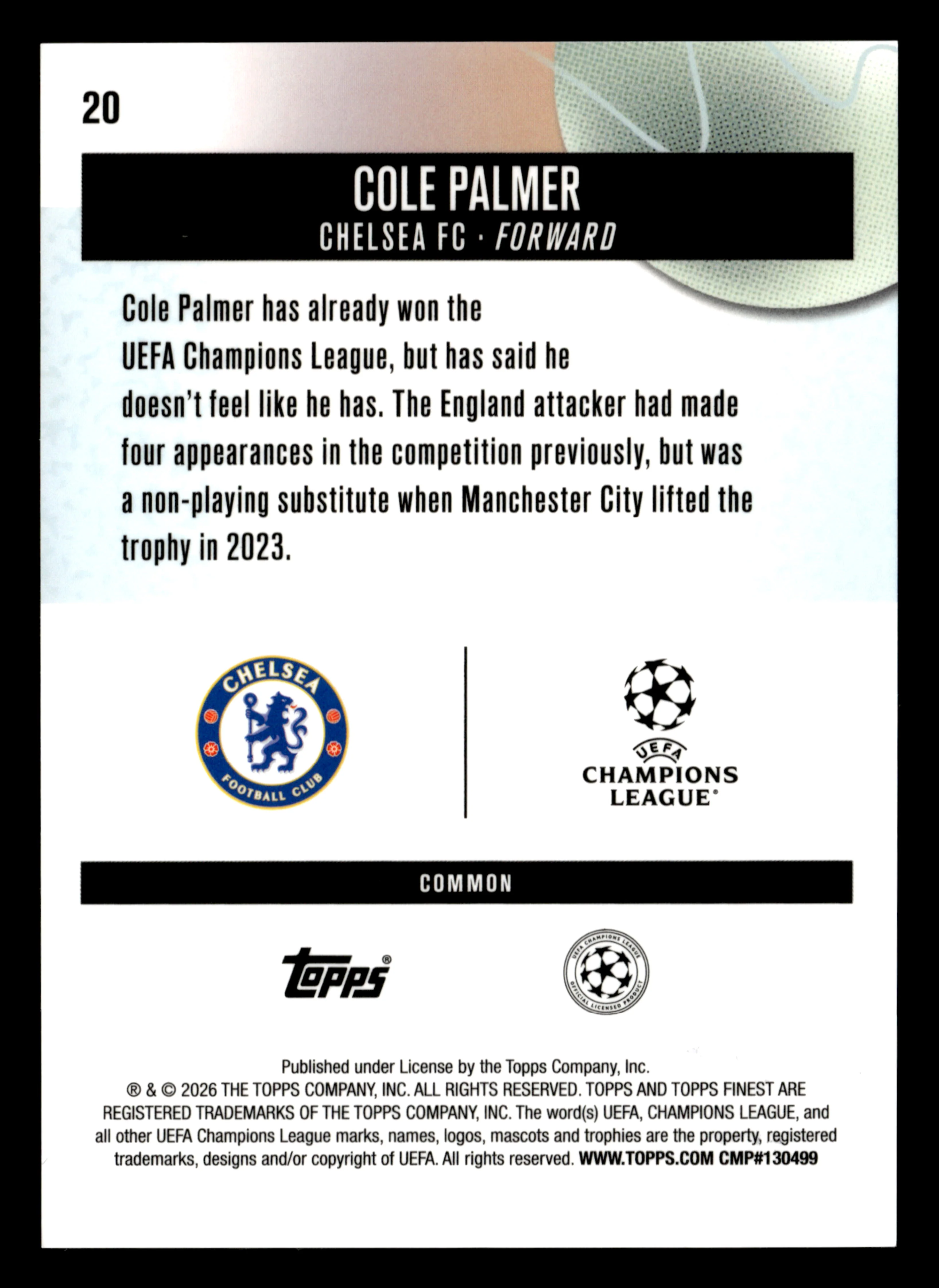 2025-26 Finest UEFA Club Competitions #20 Cole Palmer Blue Refractor #/200 - Image 2