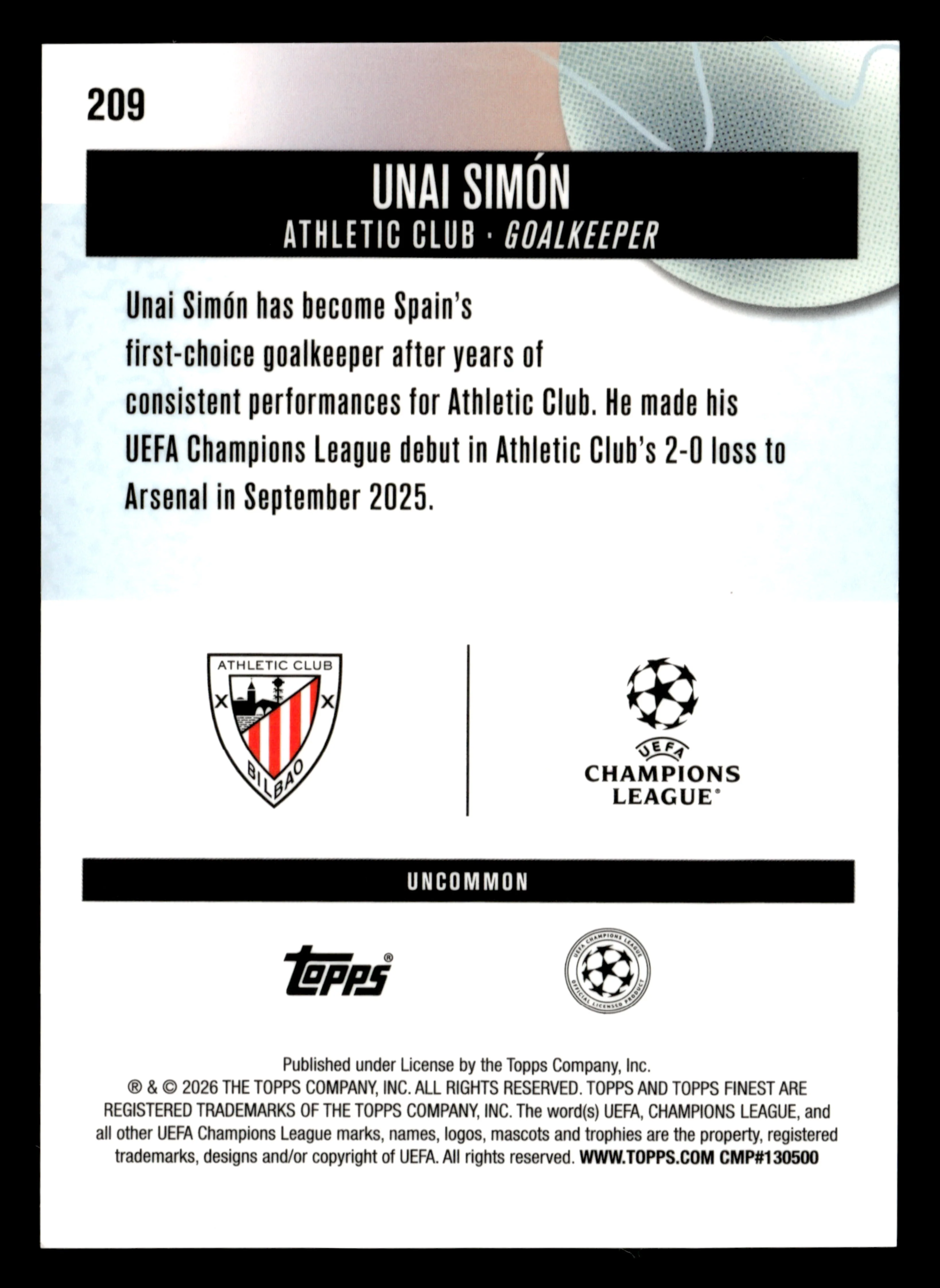 2025-26 Finest UEFA Club Competitions #209 Unai Simón Blue Refractor #/150 - Image 2