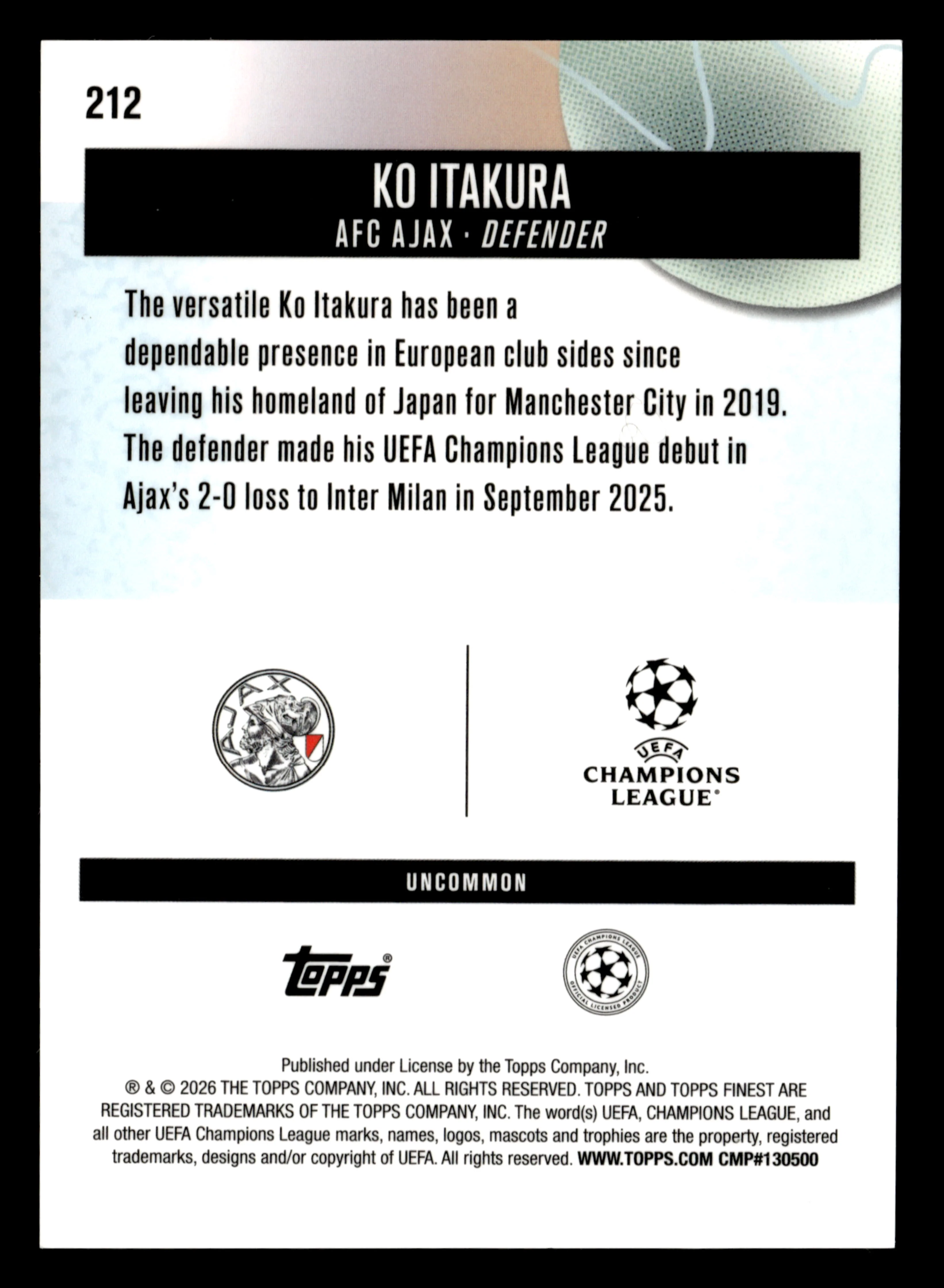 2025-26 Finest UEFA Club Competitions #212 Ko Itakura Black Refractor #/15 - Image 2