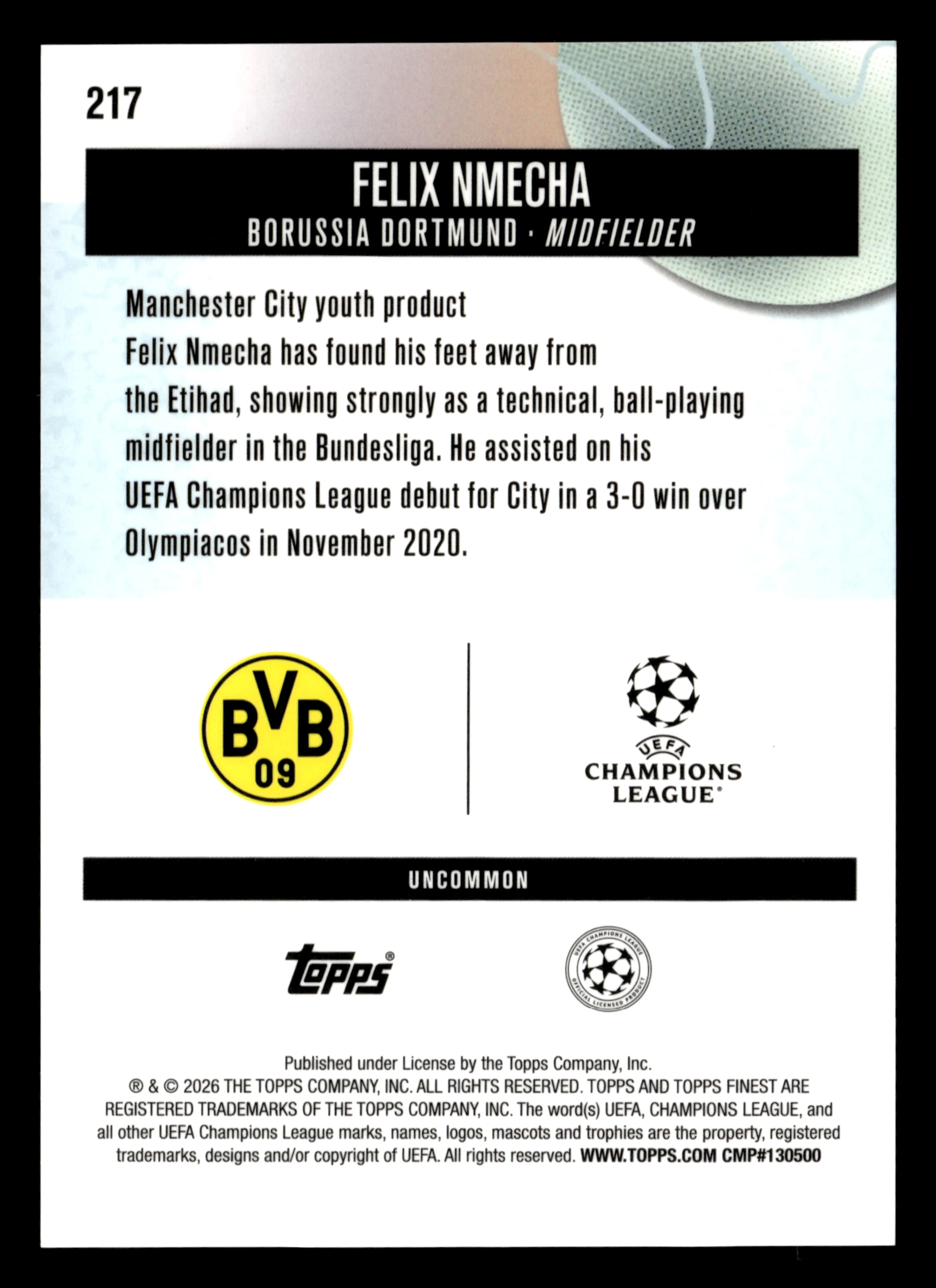 2025-26 Finest UEFA Club Competitions #217 Felix Nmecha Blue Refractor #/150 - Image 2