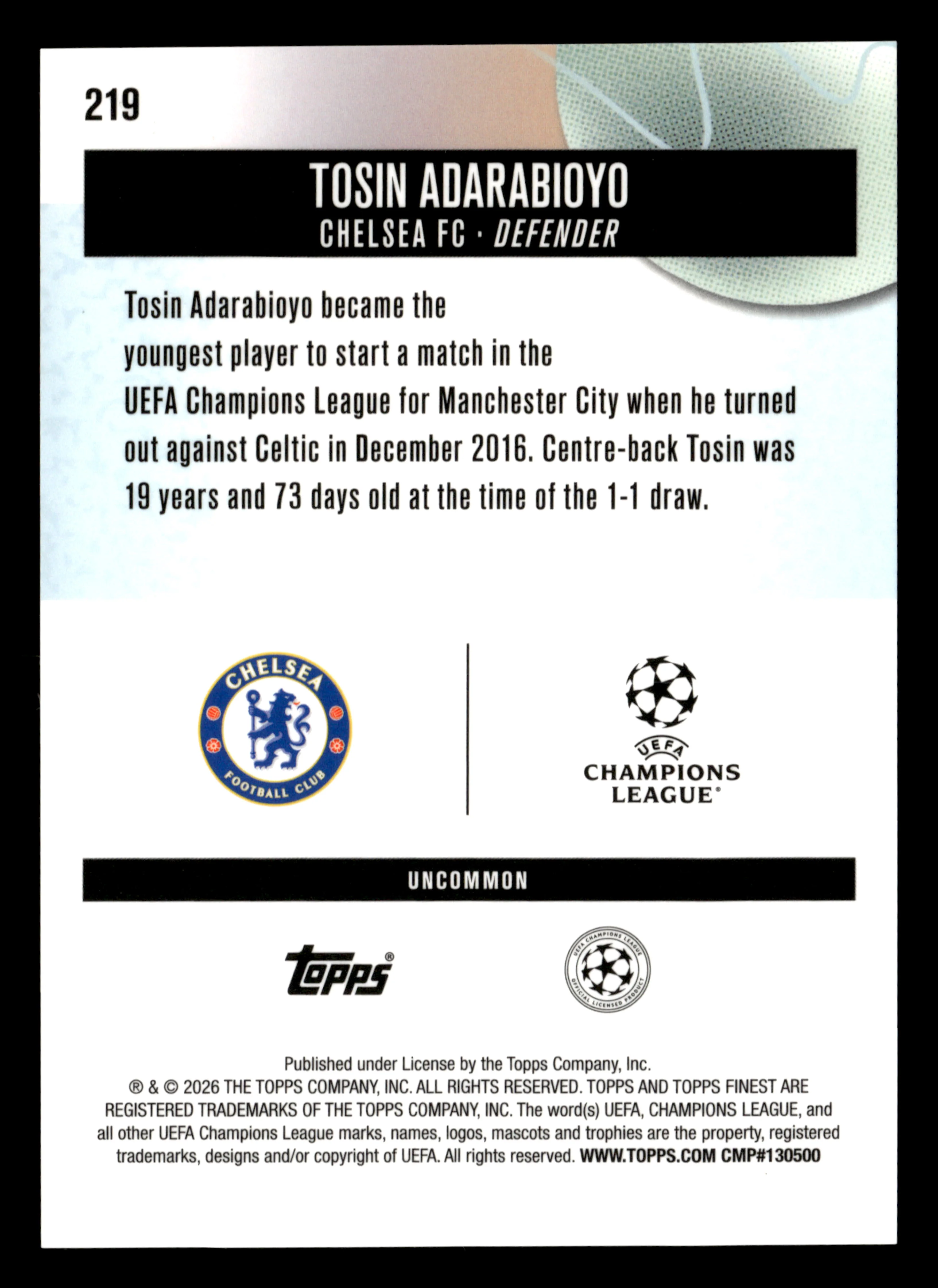2025-26 Finest UEFA Club Competitions #219 Tosin Adarabioyo Blue Refractor #/150 - Image 2
