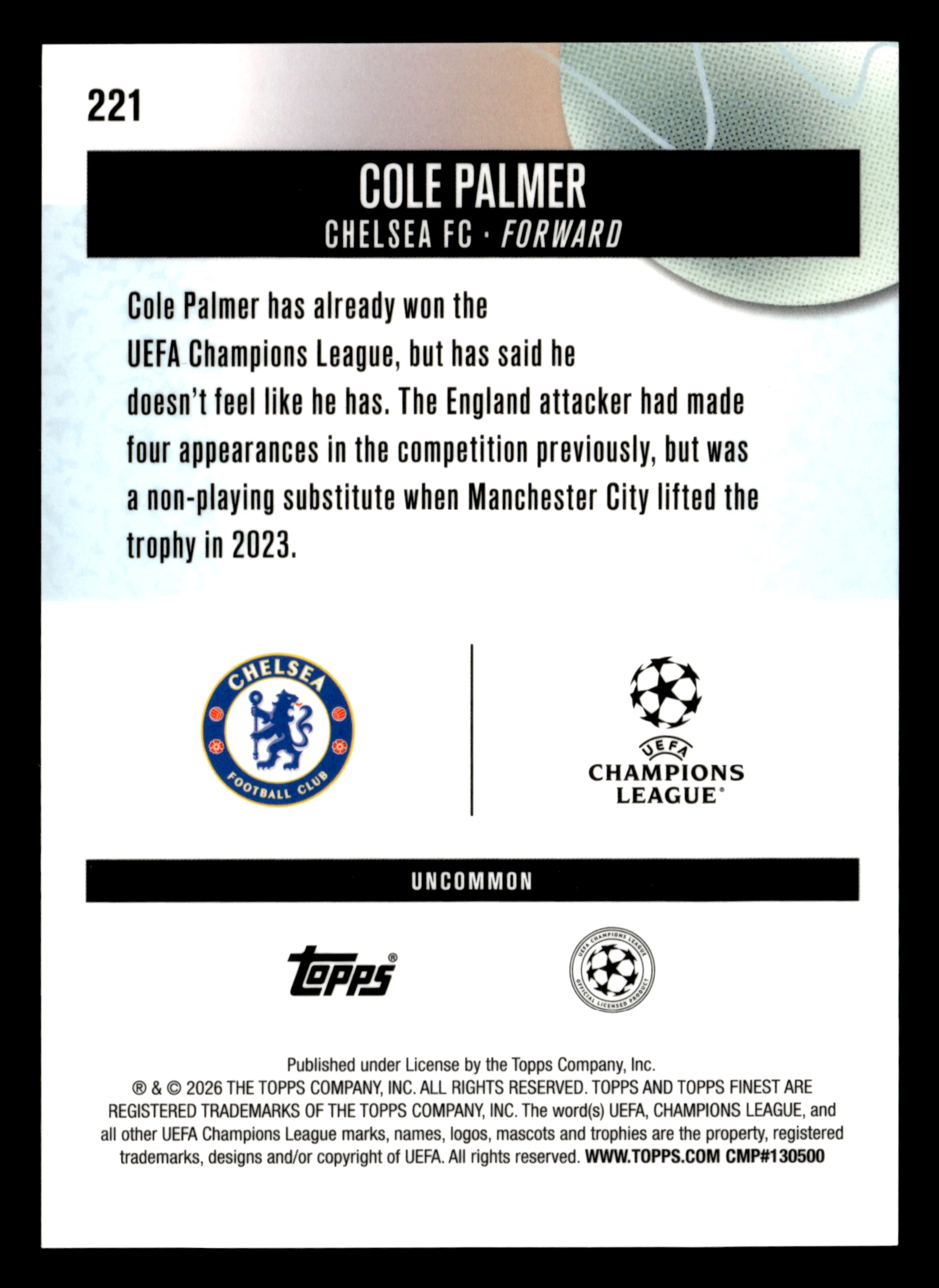2025-26 Finest UEFA Club Competitions #221 Cole Palmer Blue Refractor #/150 - Image 2