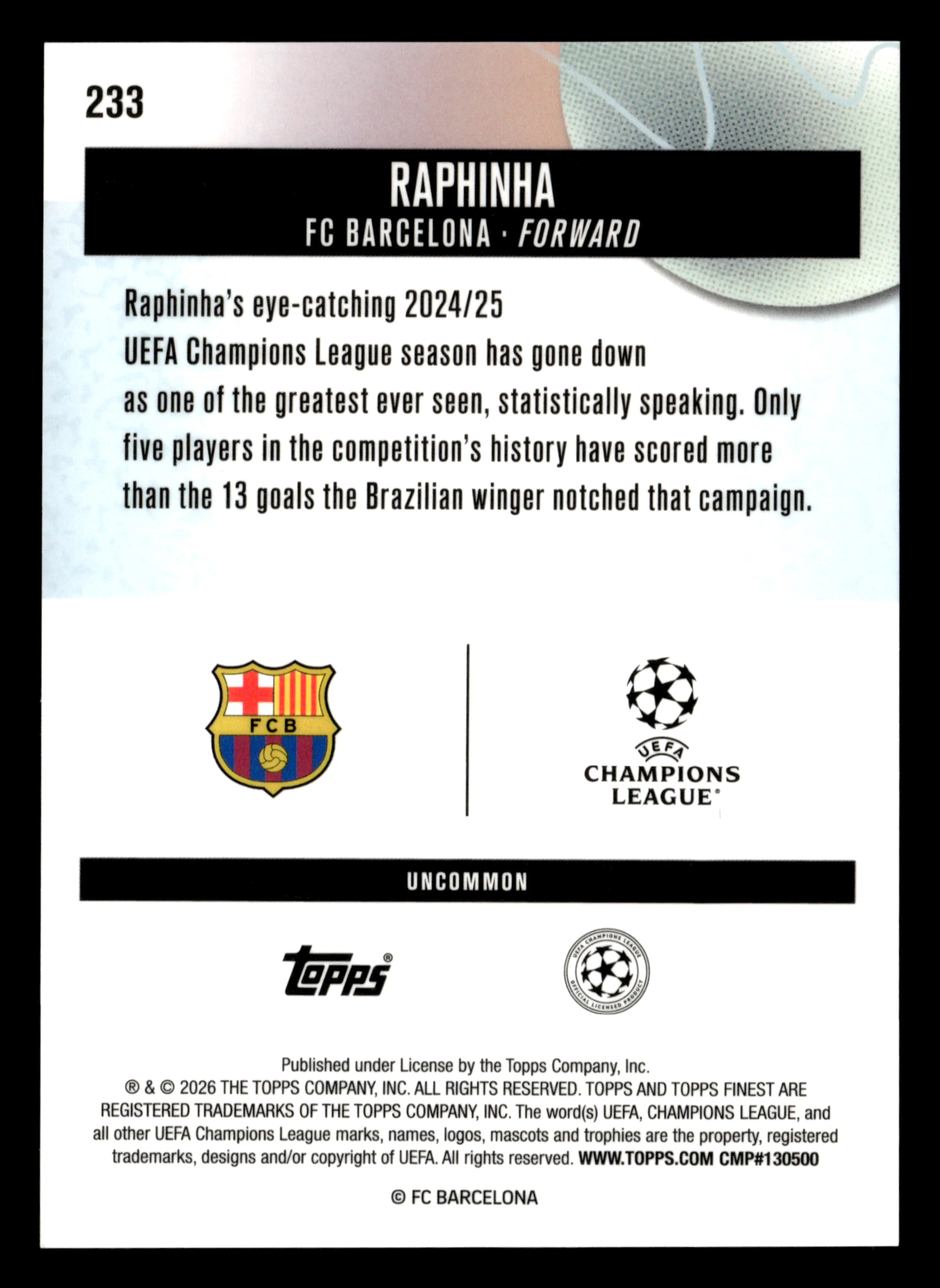 2025-26 Finest UEFA Club Competitions #233 Raphinha Blue Refractor #/150 - Image 2