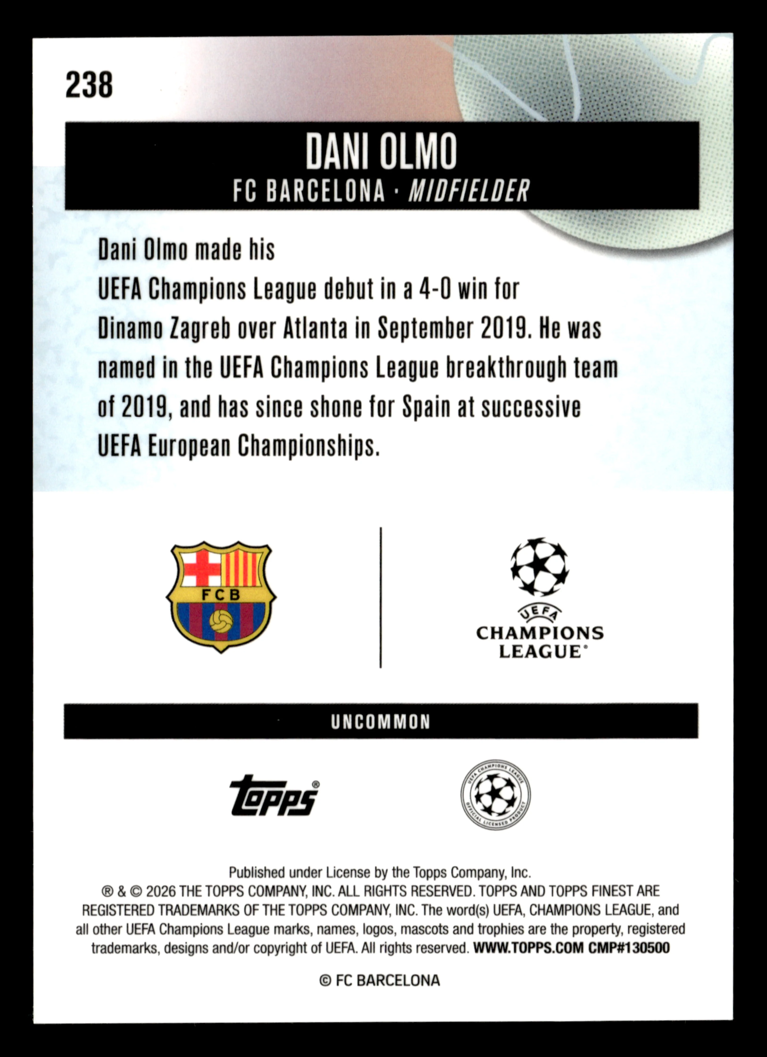 2025-26 Finest UEFA Club Competitions #238 Dani Olmo Blue Refractor #/150 - Image 2