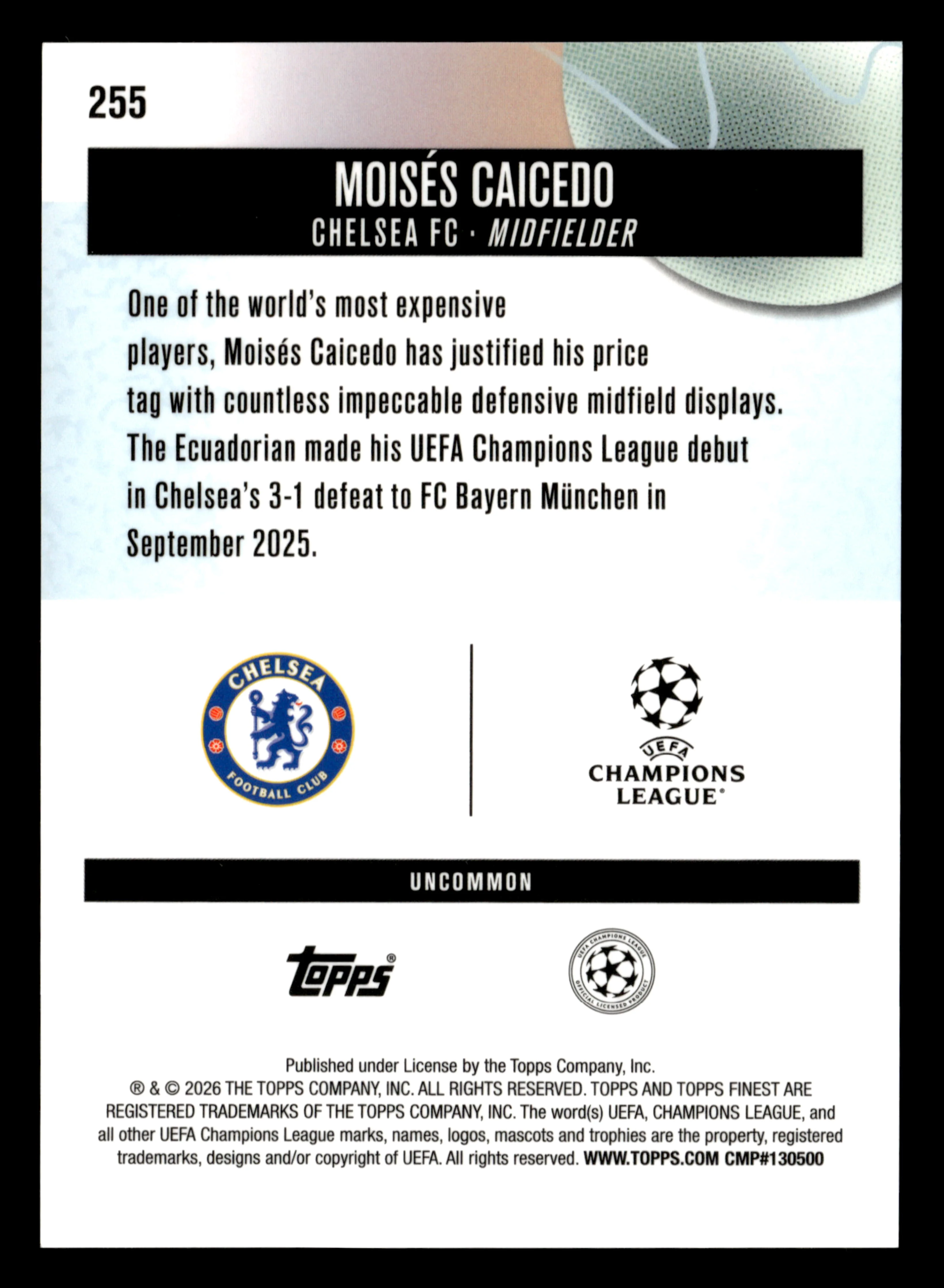 2025-26 Finest UEFA Club Competitions #255 Moisés Caicedo Green Refractor #/35 - Image 2