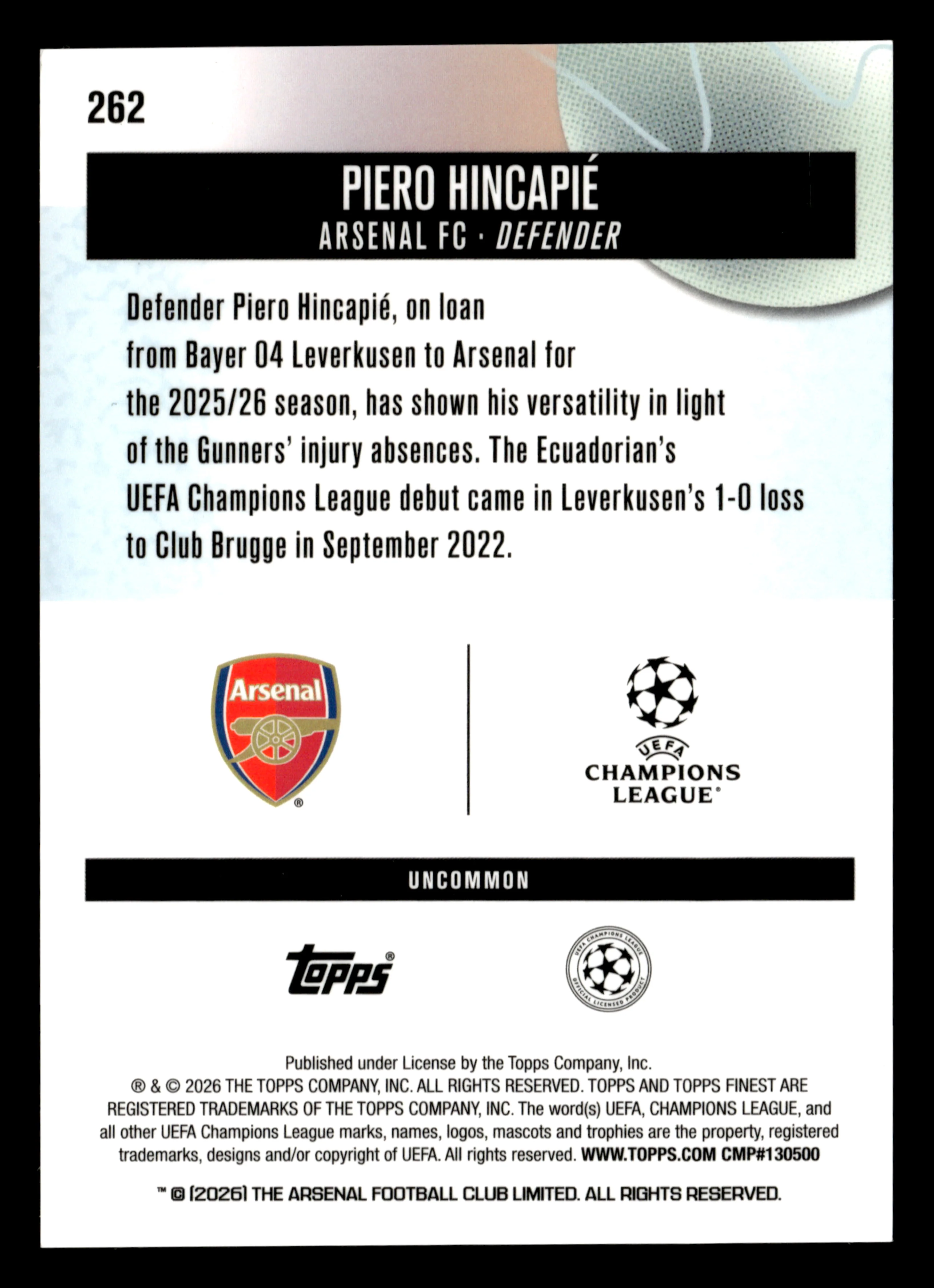 2025-26 Finest UEFA Club Competitions #262 Piero Hincapié Blue Refractor #/150 - Image 2
