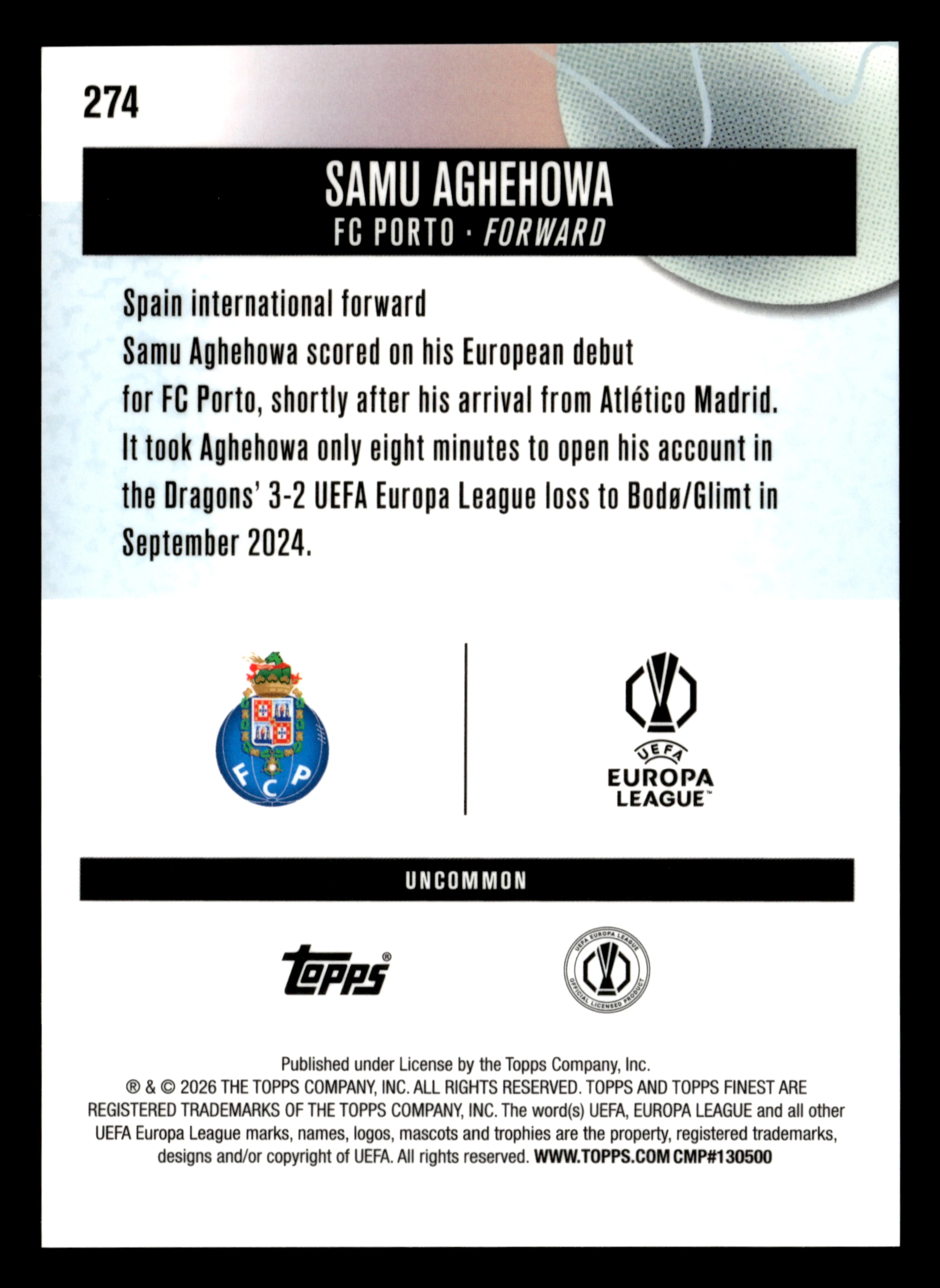 2025-26 Finest UEFA Club Competitions #274 Samu Aghehowa Blue Refractor #/150 - Image 2