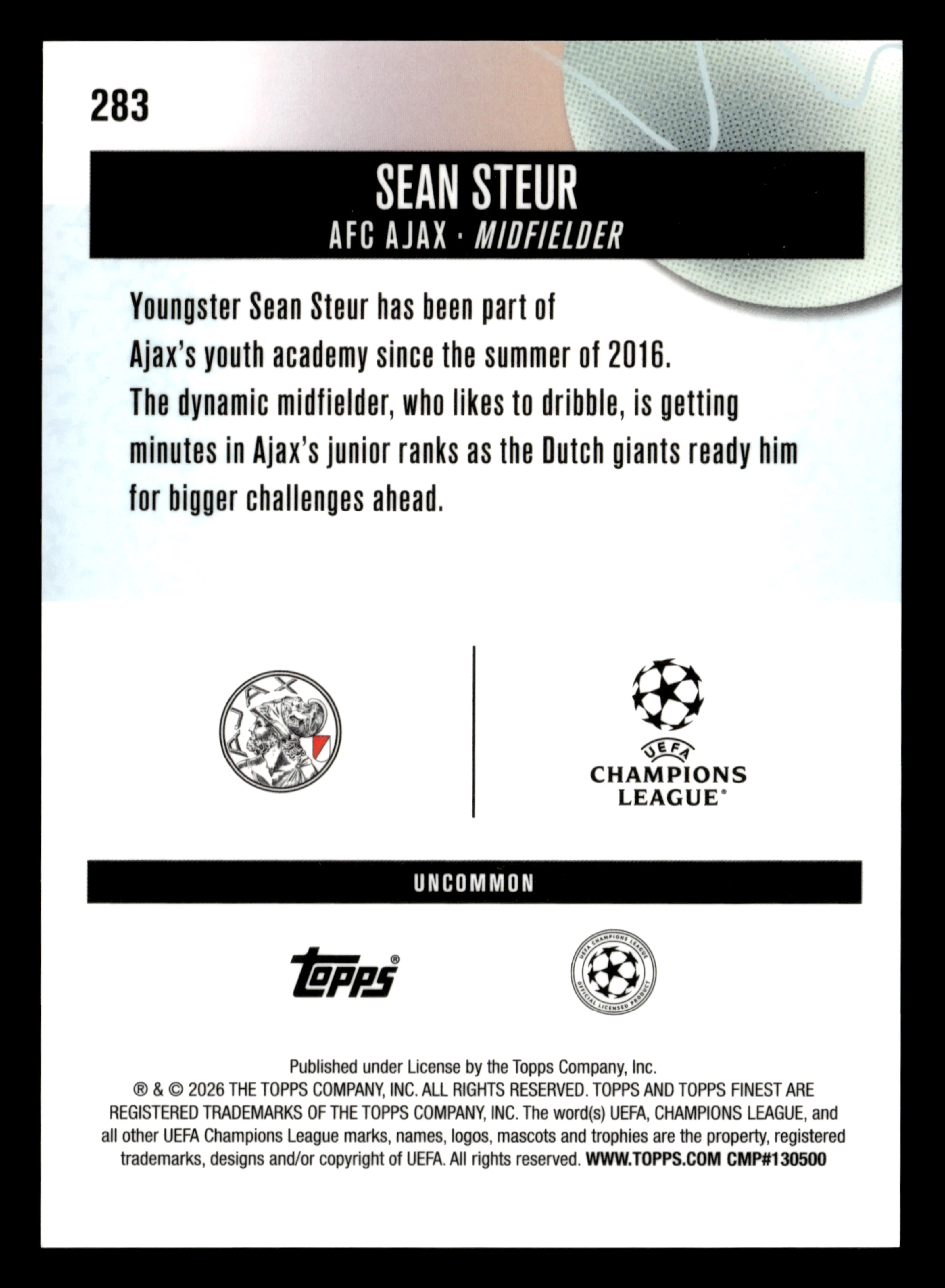2025-26 Finest UEFA Club Competitions #283 Sean Steur Blue Refractor #/150 - Image 2