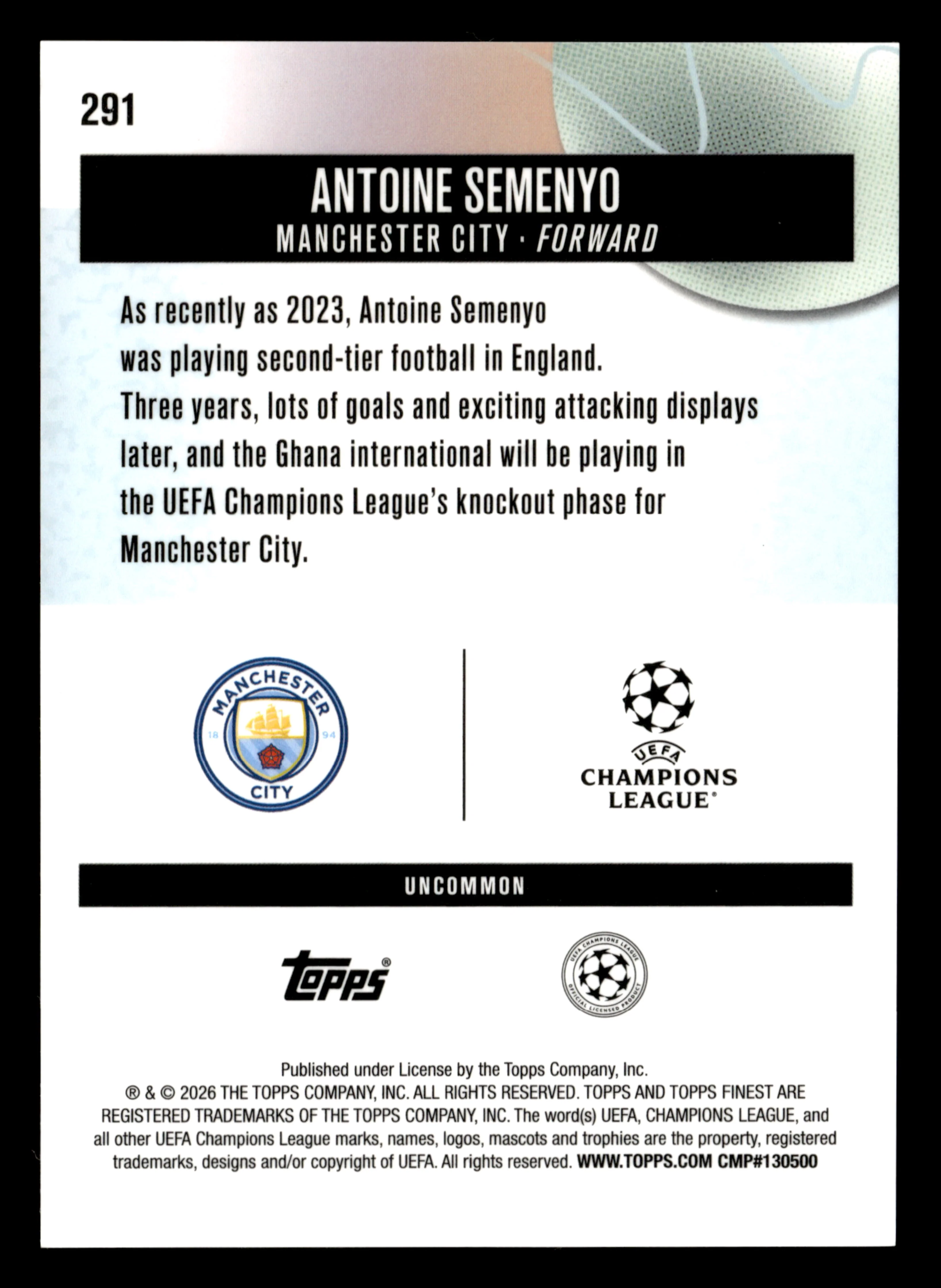 2025-26 Finest UEFA Club Competitions #291 Antoine Semenyo Blue Refractor #/150 - Image 2