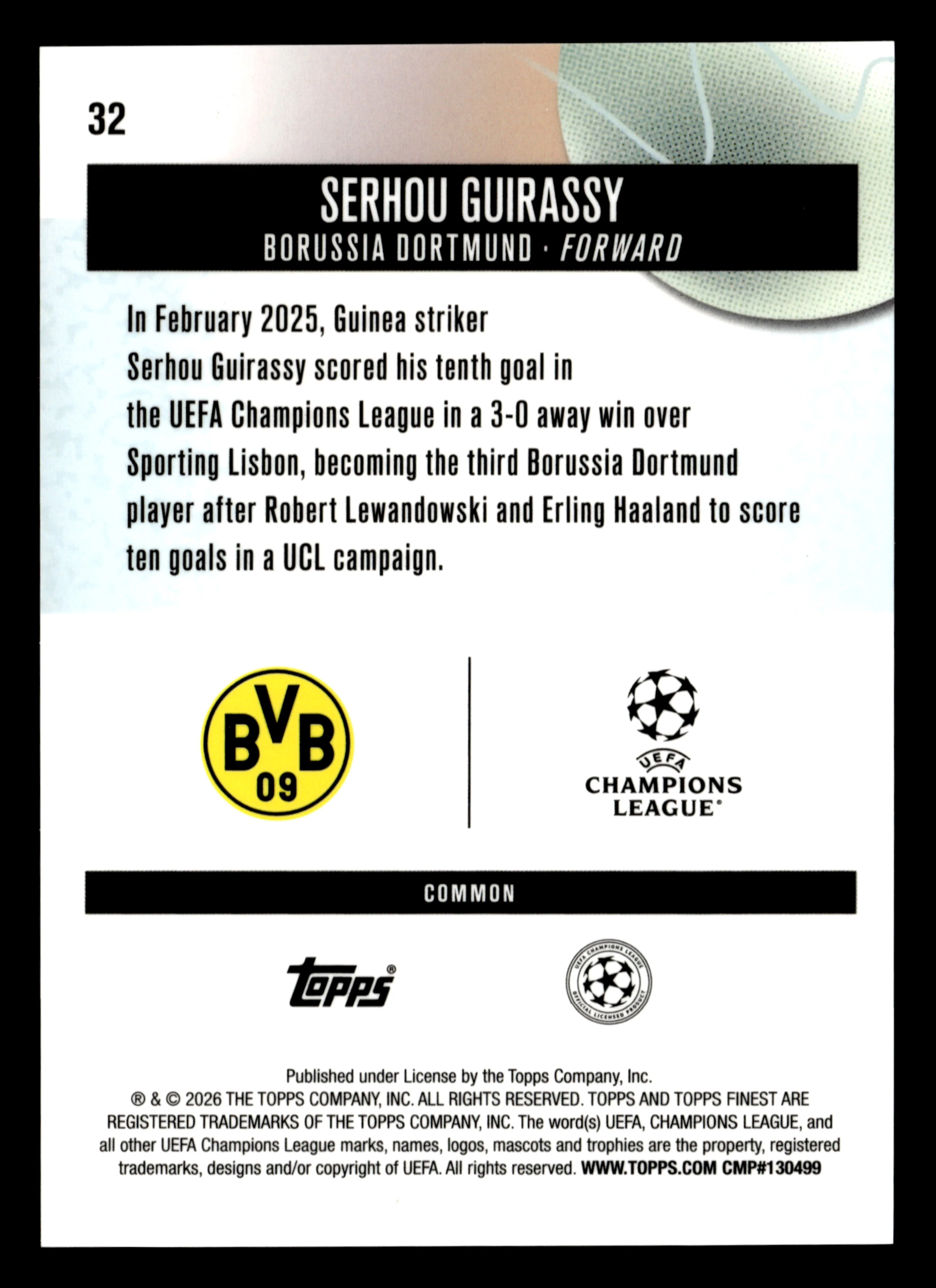 2025-26 Finest UEFA Club Competitions #32 Serhou Guirassy Gold Refractor #/50 - Image 2