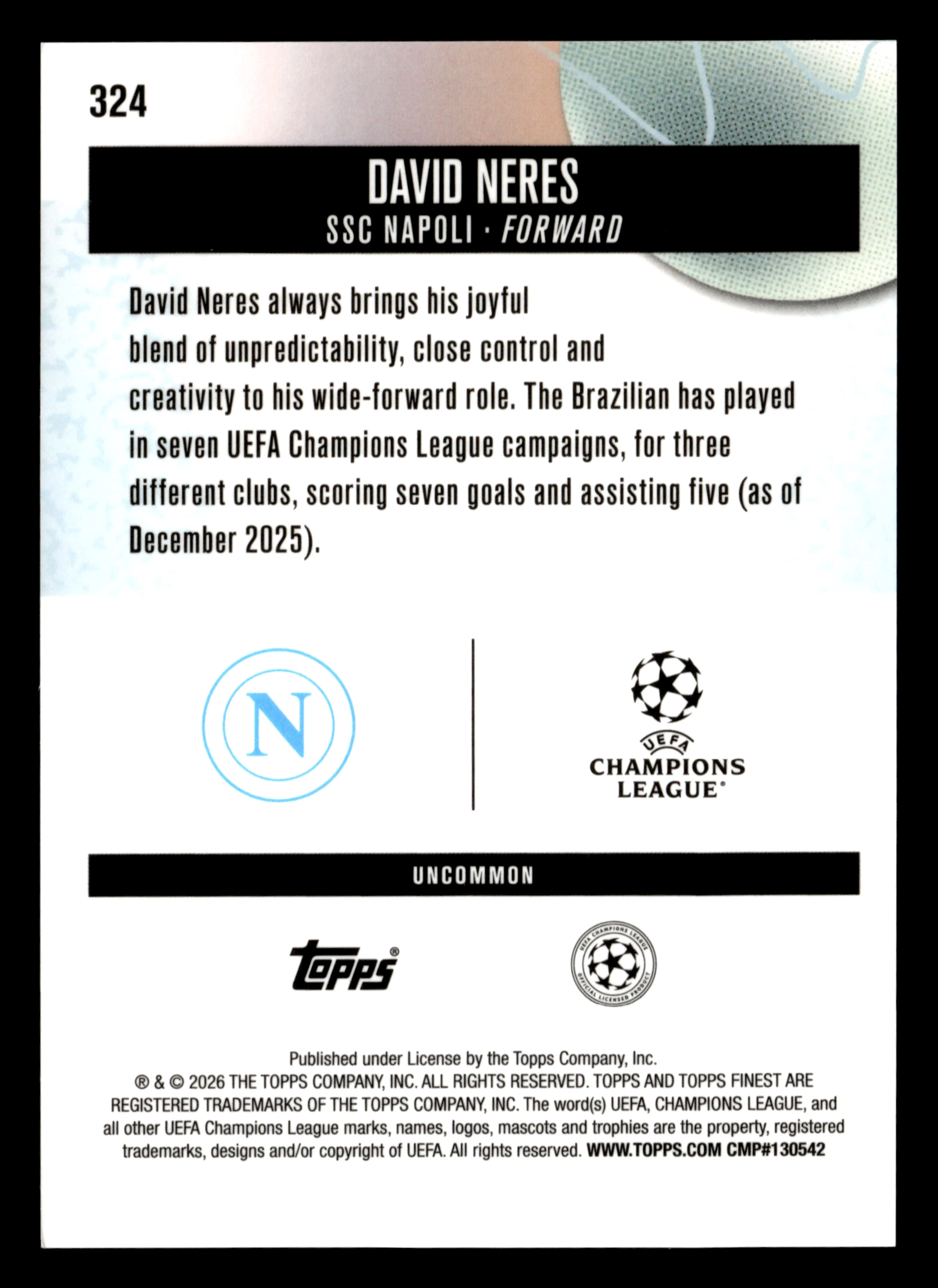 2025-26 Finest UEFA Club Competitions #324 David Neres Blue Refractor #/150 - Image 2