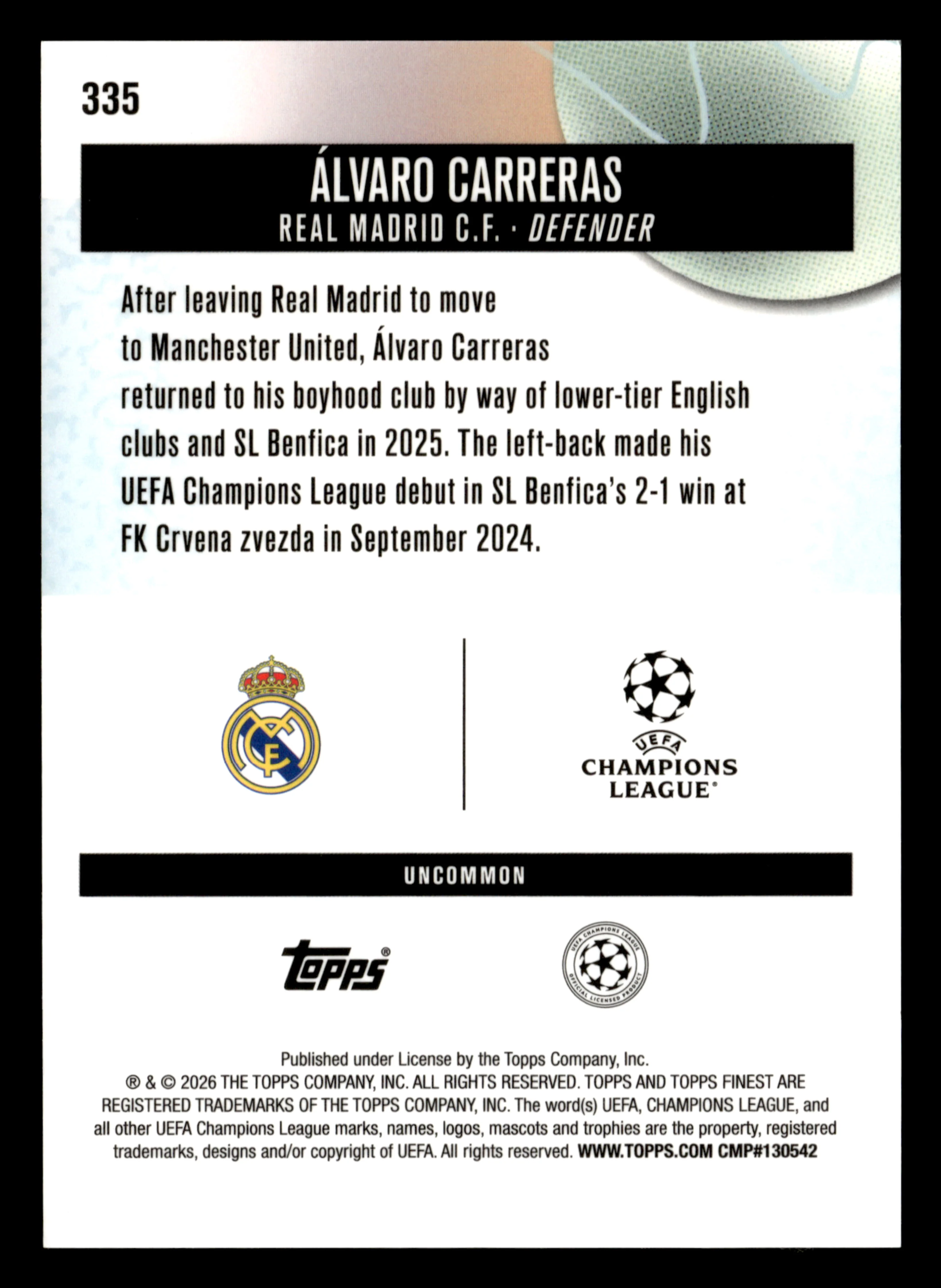 2025-26 Finest UEFA Club Competitions #335 Álvaro Carreras Blue Refractor #/150 - Image 2