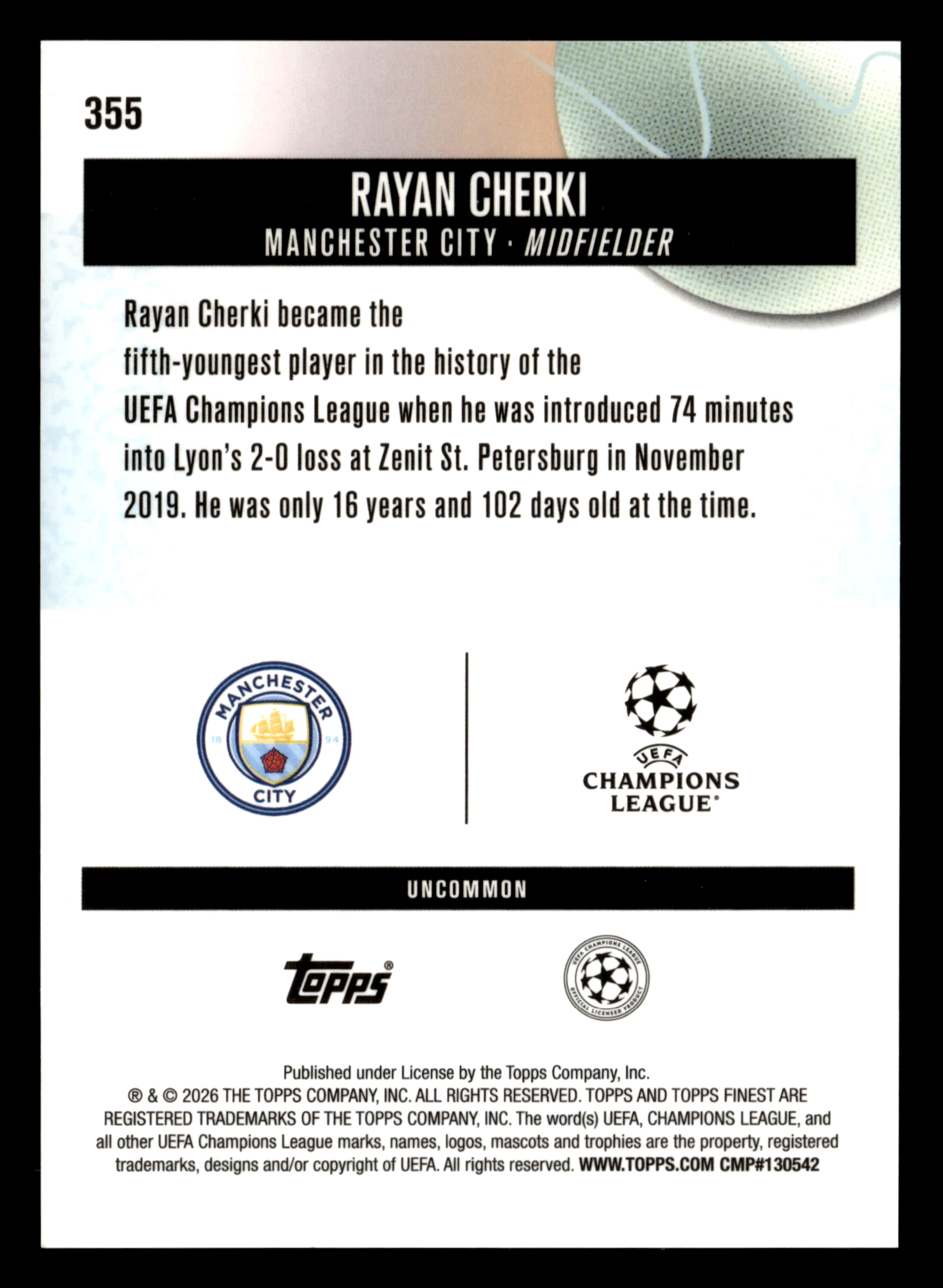 2025-26 Finest UEFA Club Competitions #355 Rayan Cherki Green Refractor #/35 - Image 2