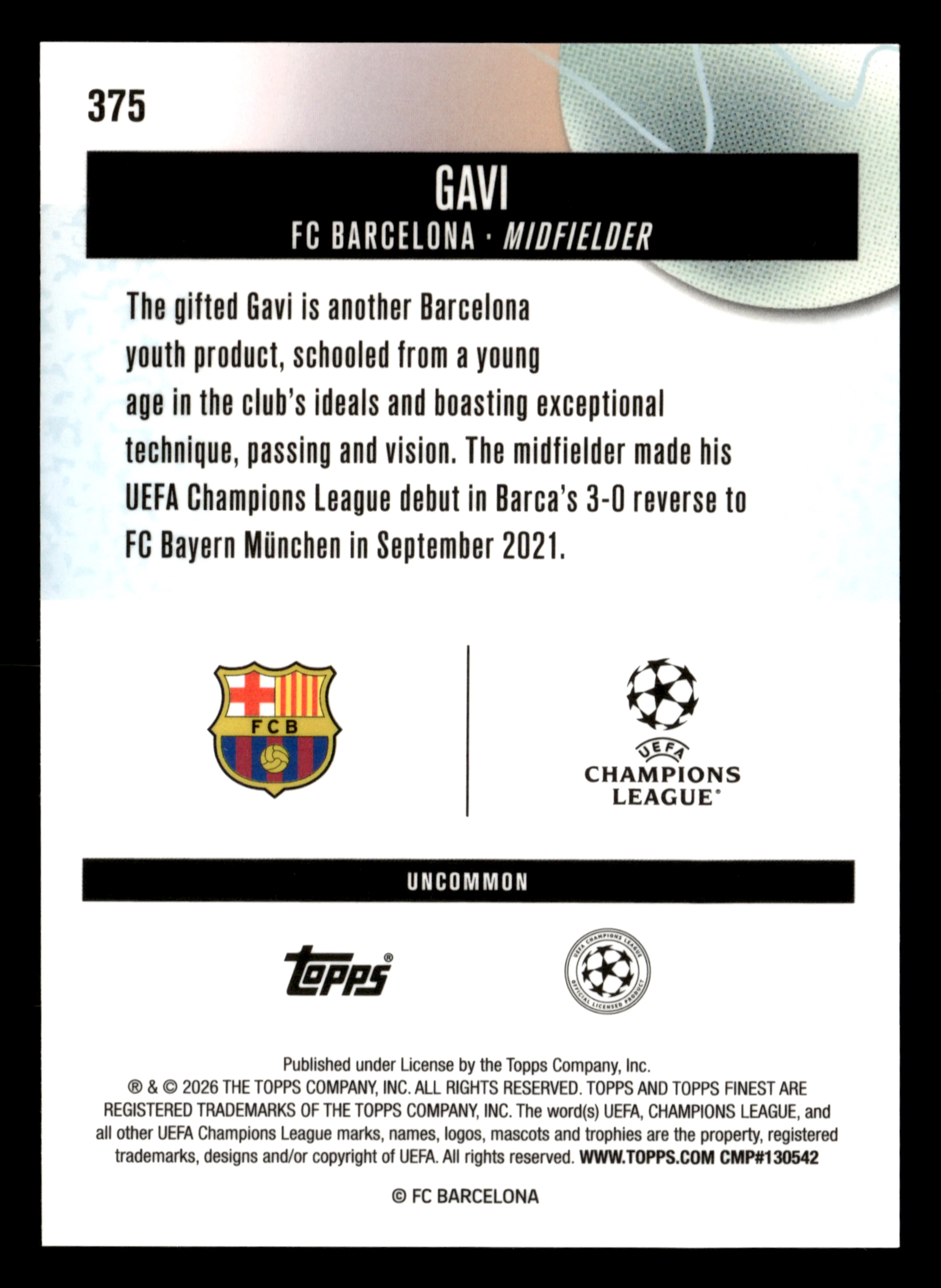 2025-26 Finest UEFA Club Competitions #375 Gavi Gold Refractor #/25 - Image 2