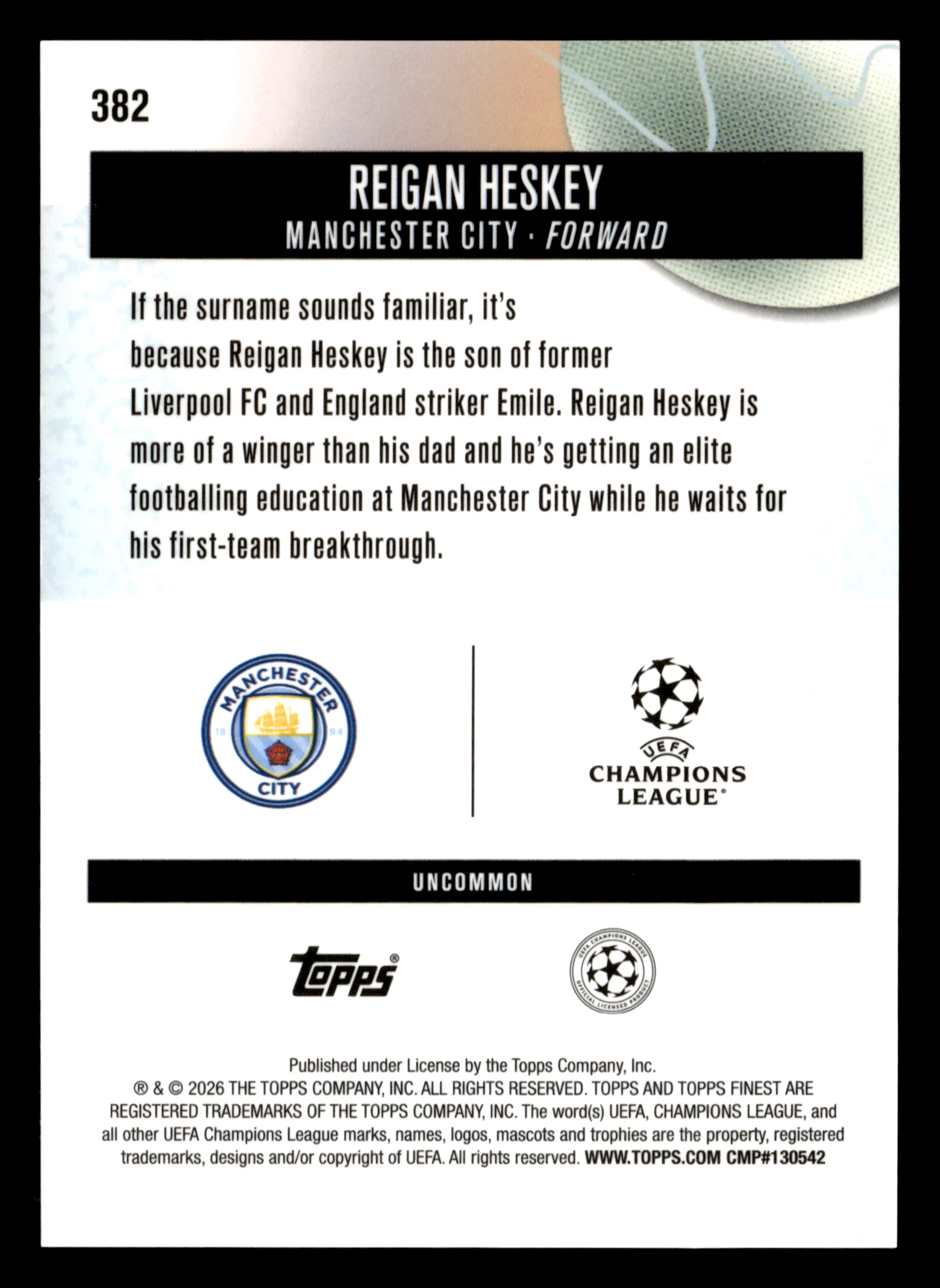 2025-26 Finest UEFA Club Competitions #382 Reigan Heskey Blue Refractor #/150 - Image 2