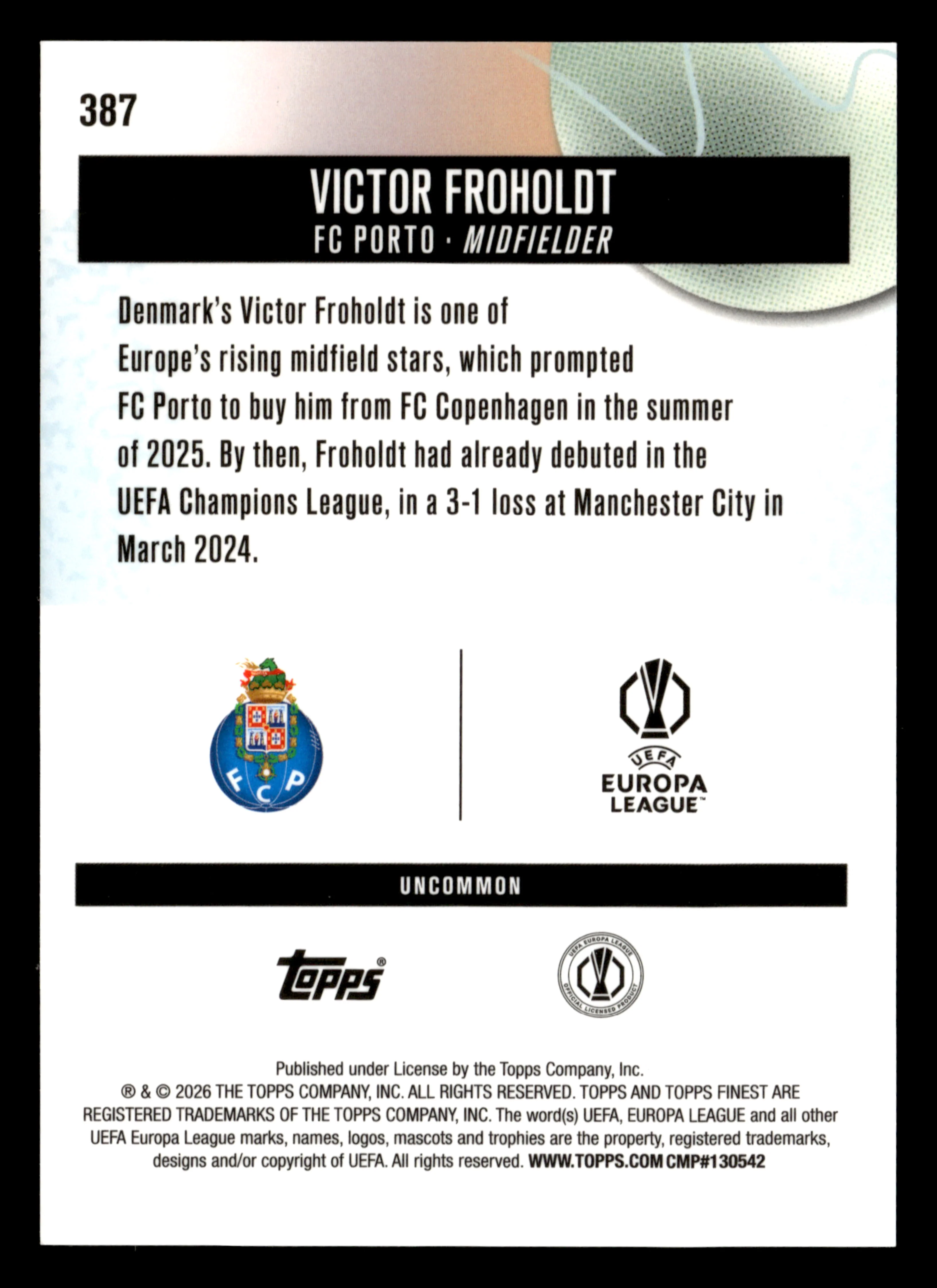 2025-26 Finest UEFA Club Competitions #387 Victor Froholdt Blue Refractor #/150 - Image 2