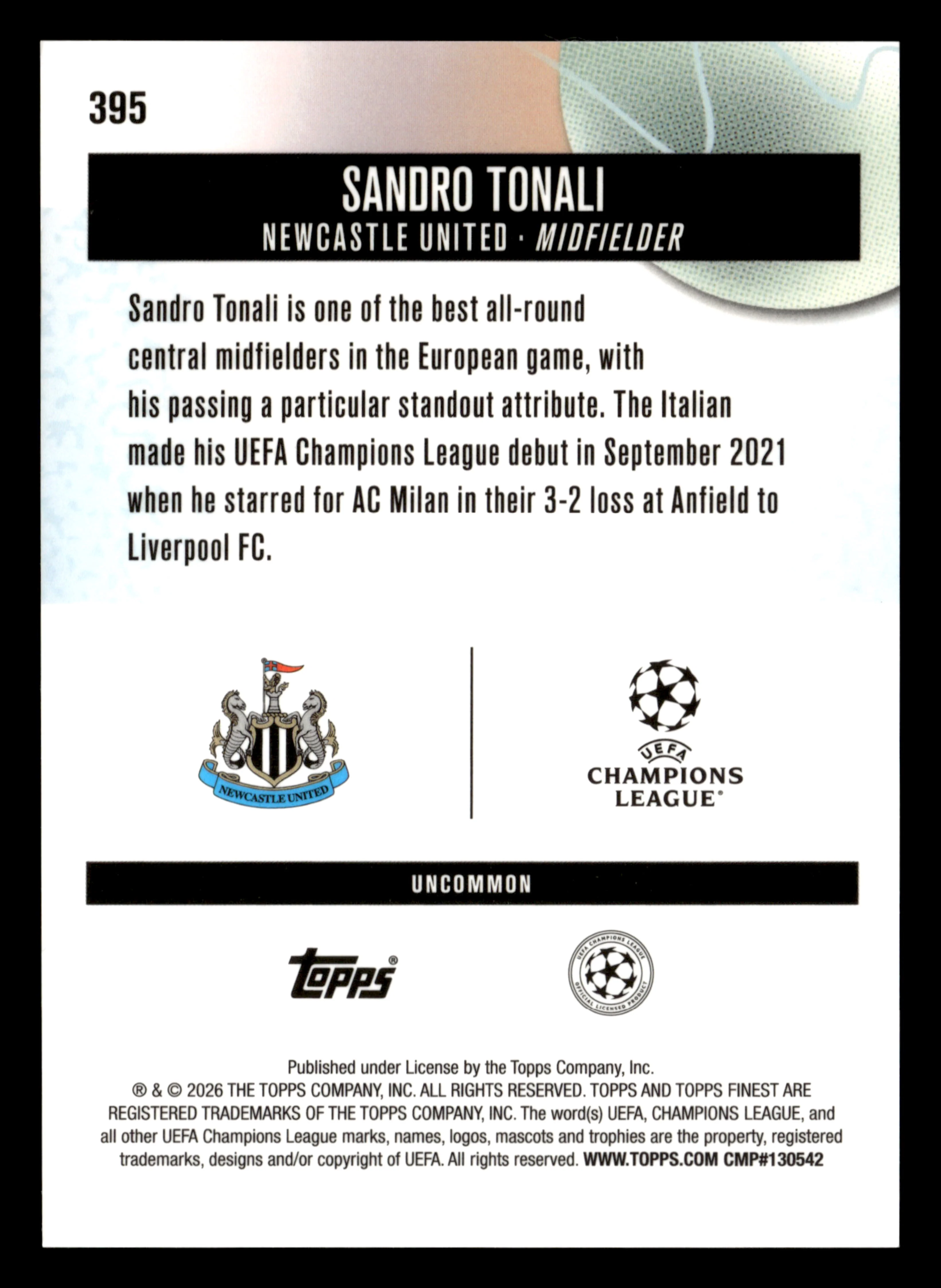 2025-26 Finest UEFA Club Competitions #395 Sandro Tonali Green Refractor #/35 - Image 2