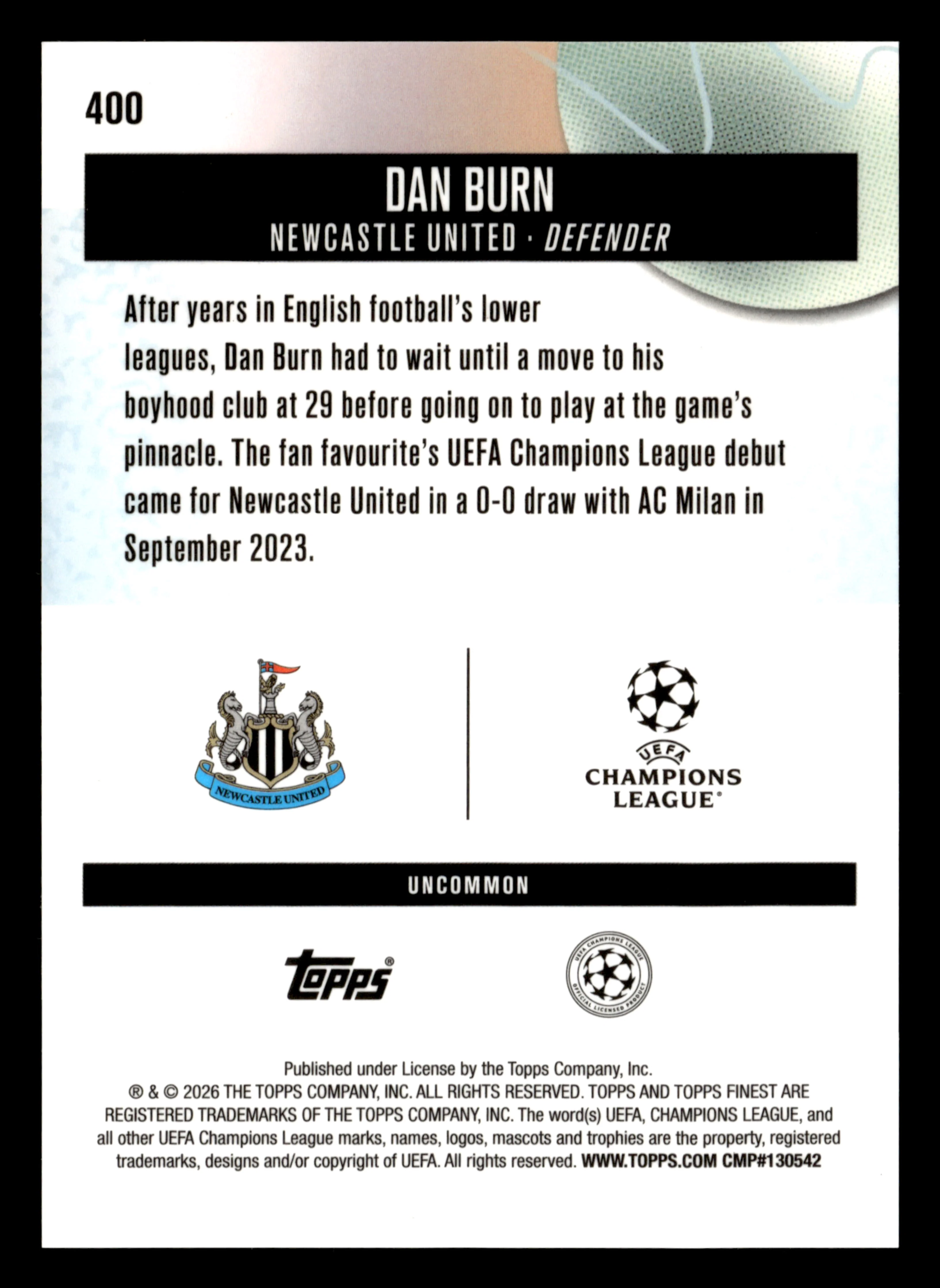2025-26 Finest UEFA Club Competitions #400 Dan Burn Orange Refractor #/20 - Image 2