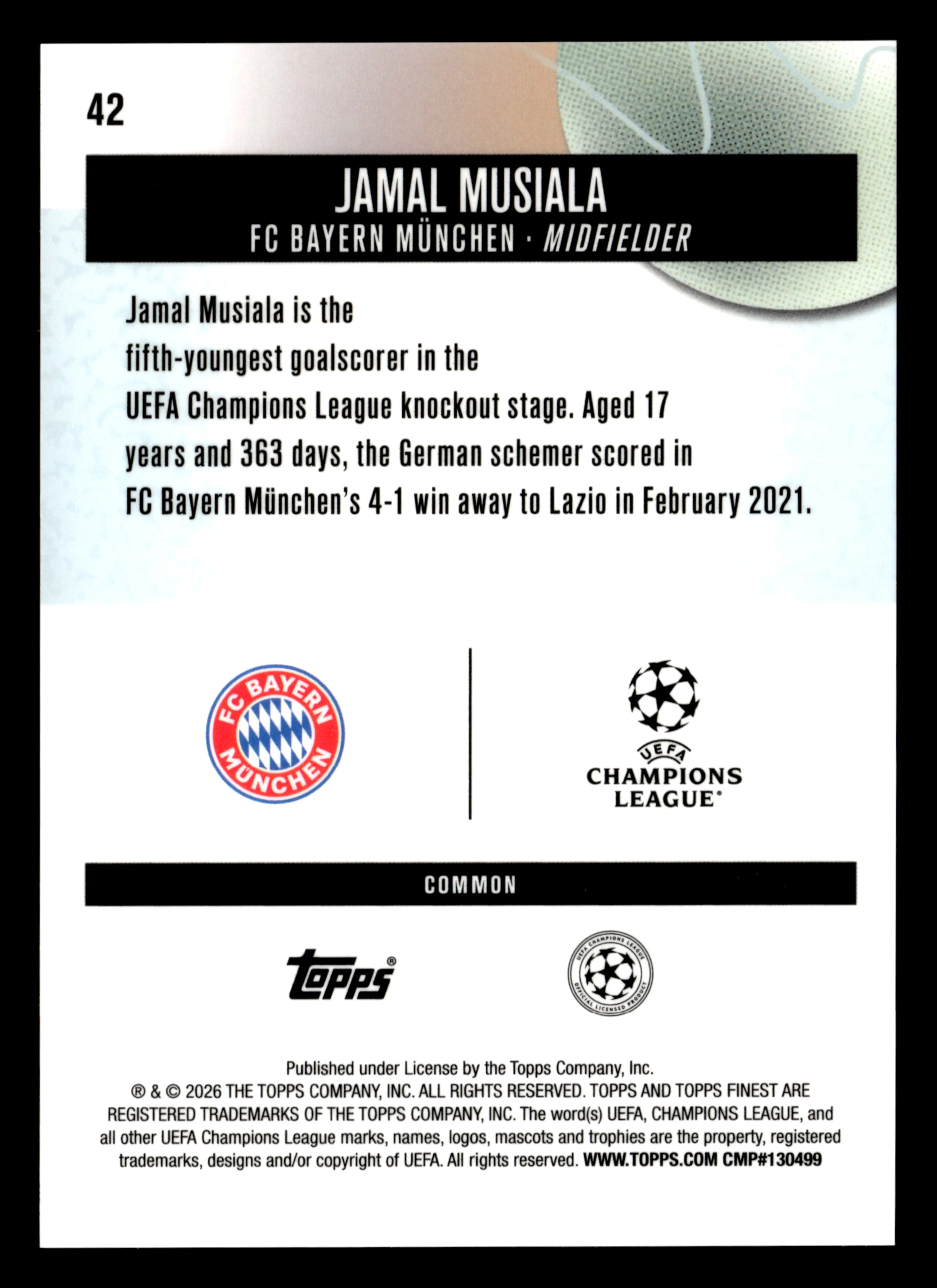 2025-26 Finest UEFA Club Competitions #42 Jamal Musiala Blue Refractor #/200 - Image 2
