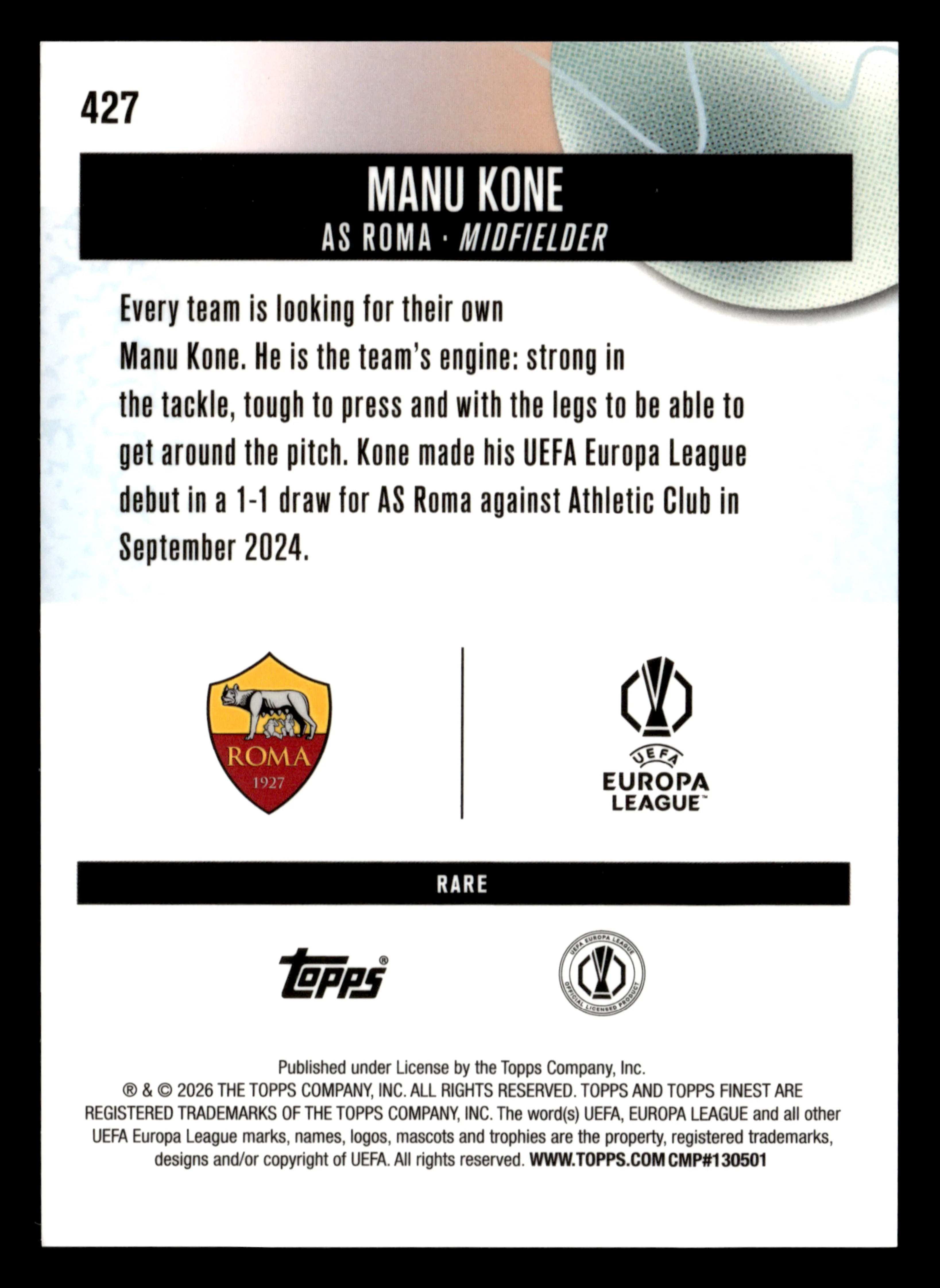 2025-26 Finest UEFA Club Competitions #427 Manu Kone Blue Refractor #/99 - Image 2