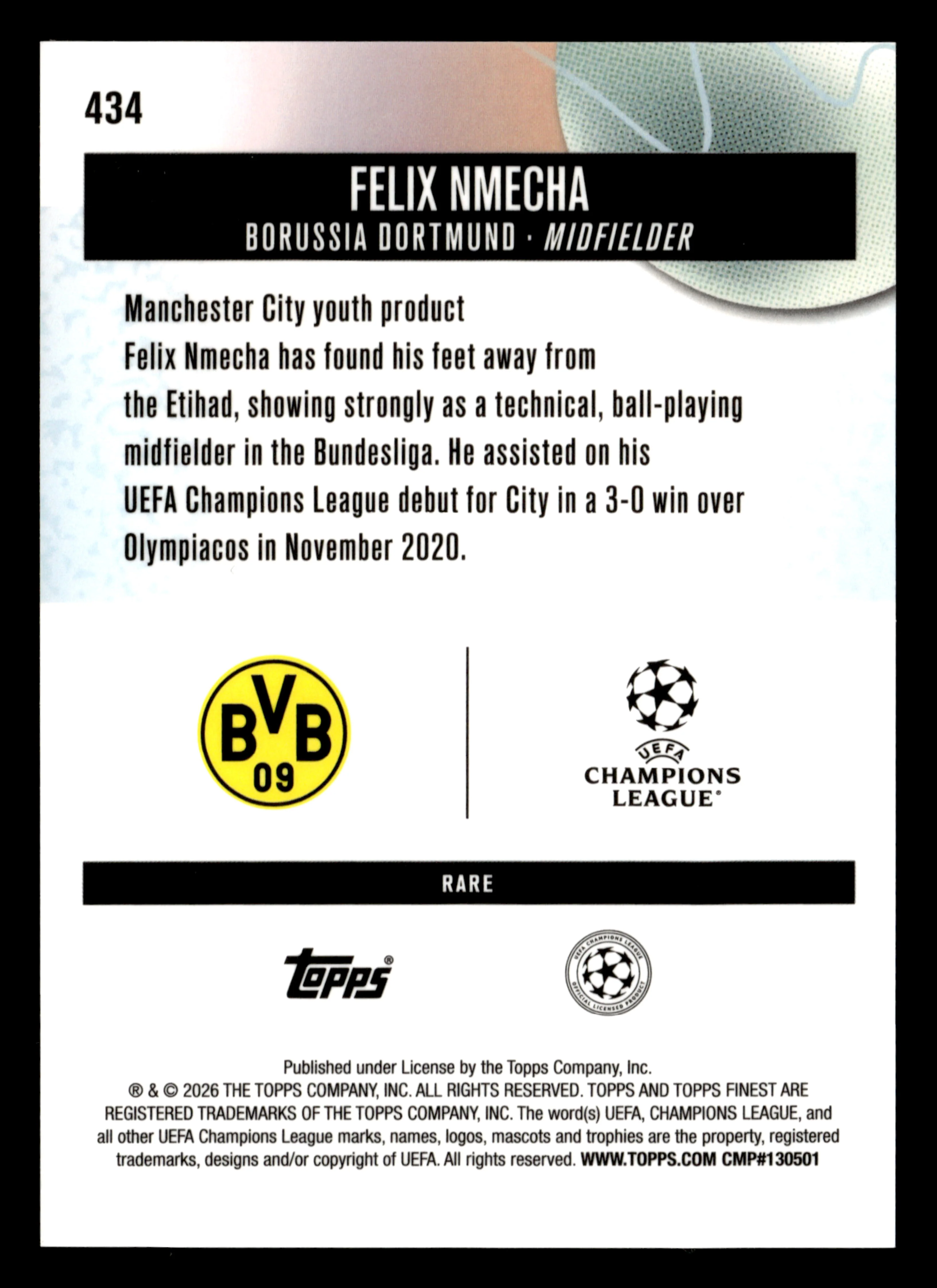 2025-26 Finest UEFA Club Competitions #434 Felix Nmecha Green Refractor #/25 - Image 2
