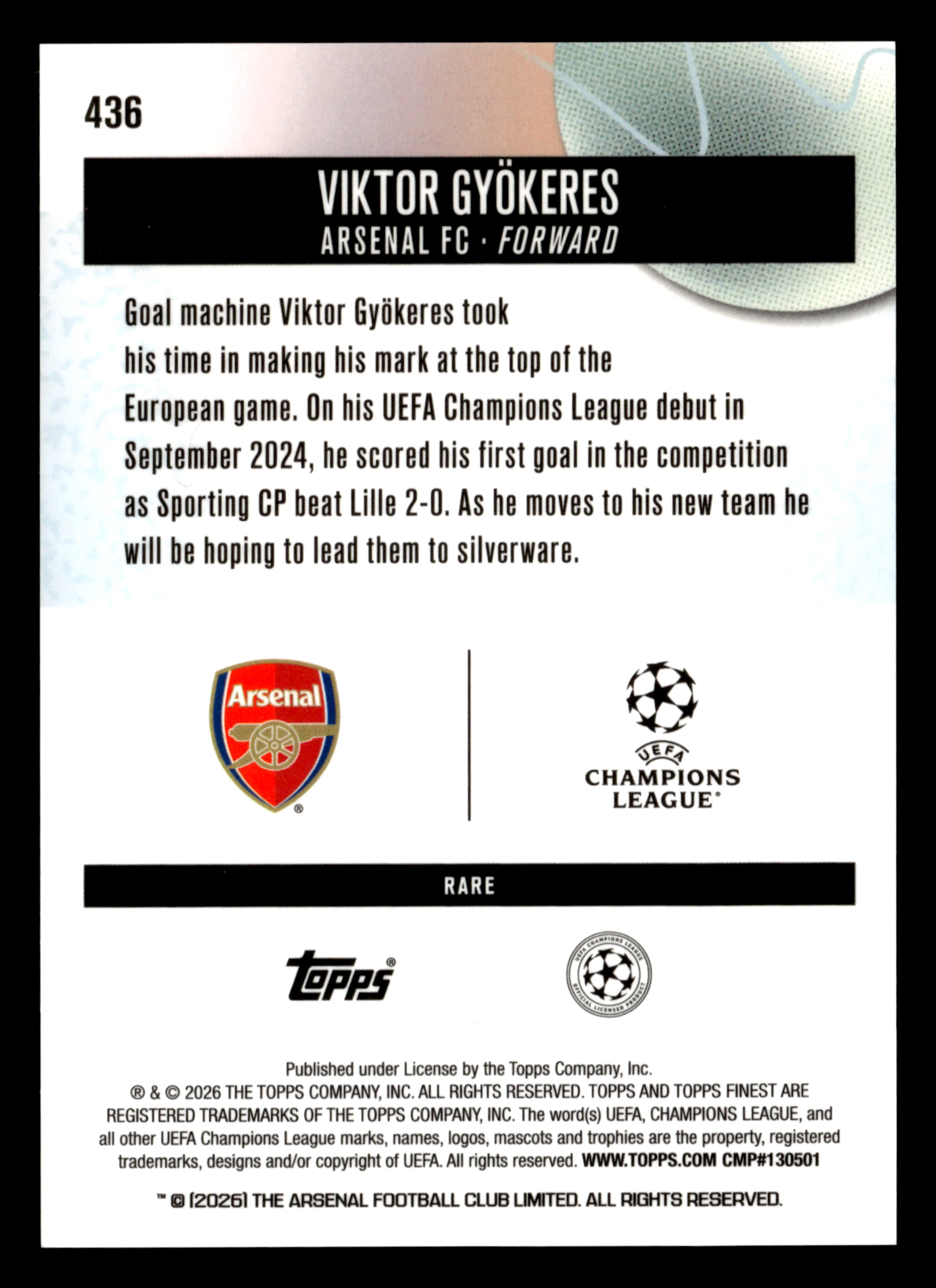 2025-26 Finest UEFA Club Competitions #436 Viktor Gyökeres Gold Refractor #/20 - Image 2