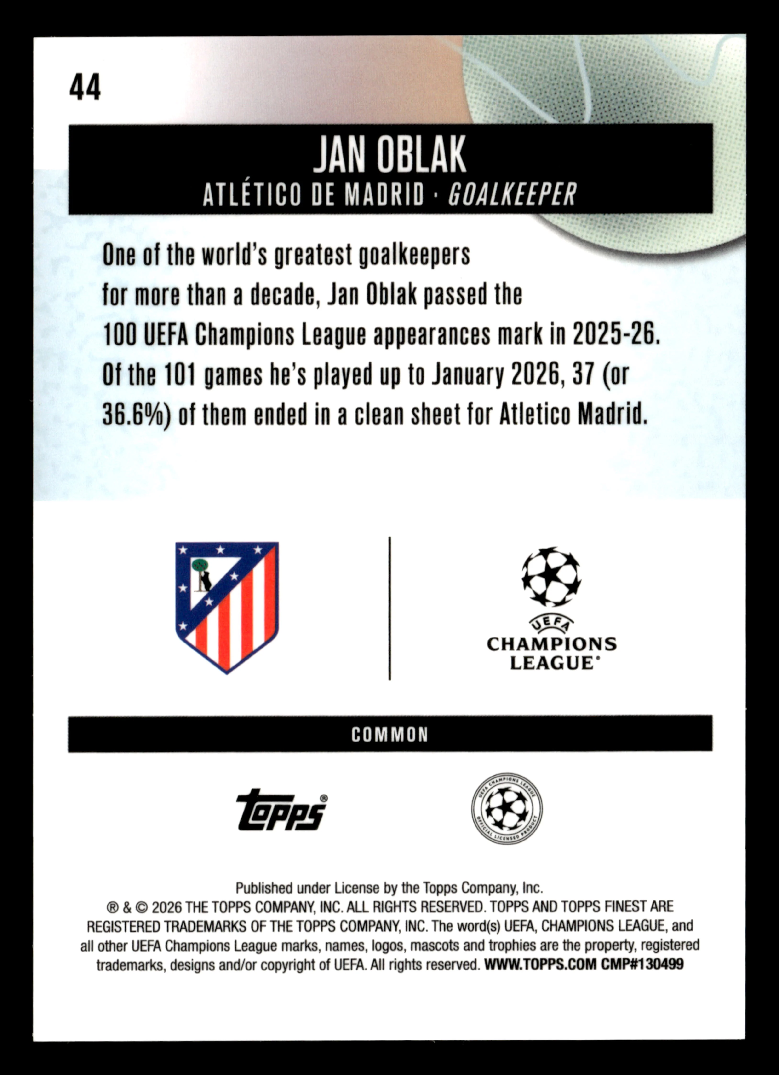 2025-26 Finest UEFA Club Competitions #44 Jan Oblak Blue Refractor #/200 - Image 2