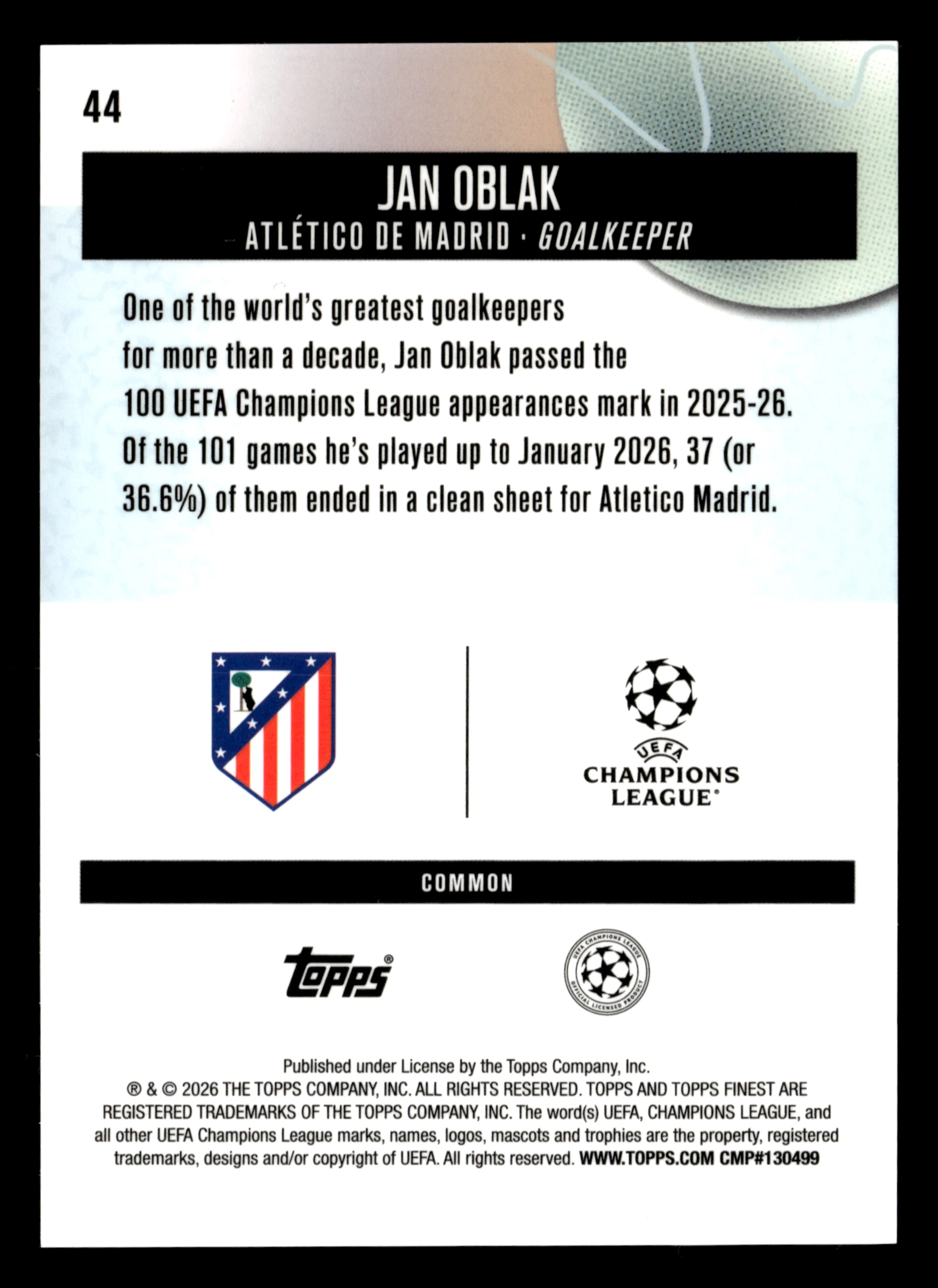 2025-26 Finest UEFA Club Competitions #44 Jan Oblak Gold Refractor #/50 - Image 2