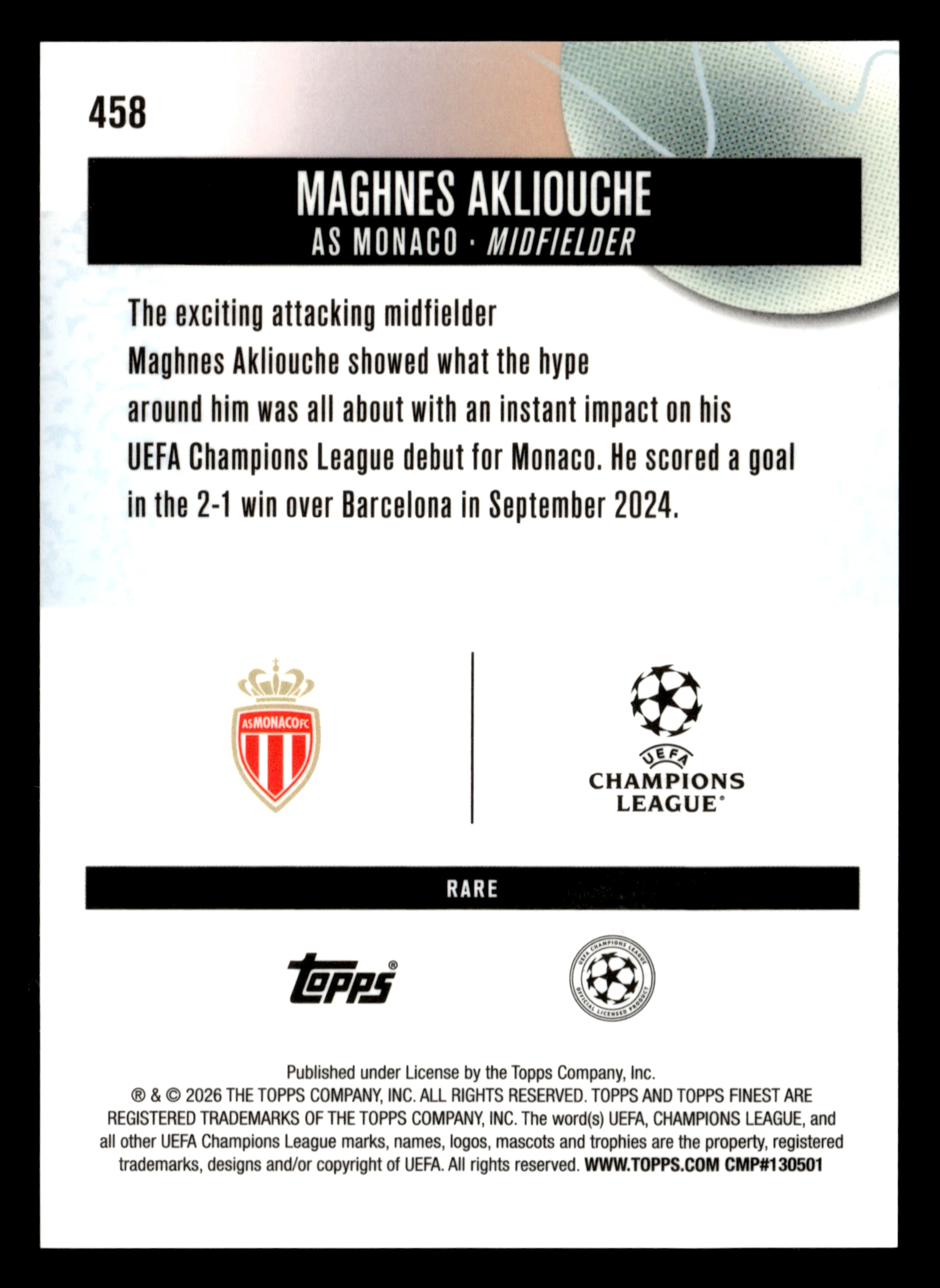 2025-26 Finest UEFA Club Competitions #458 Maghnes Akliouche Blue Refractor #/99 - Image 2