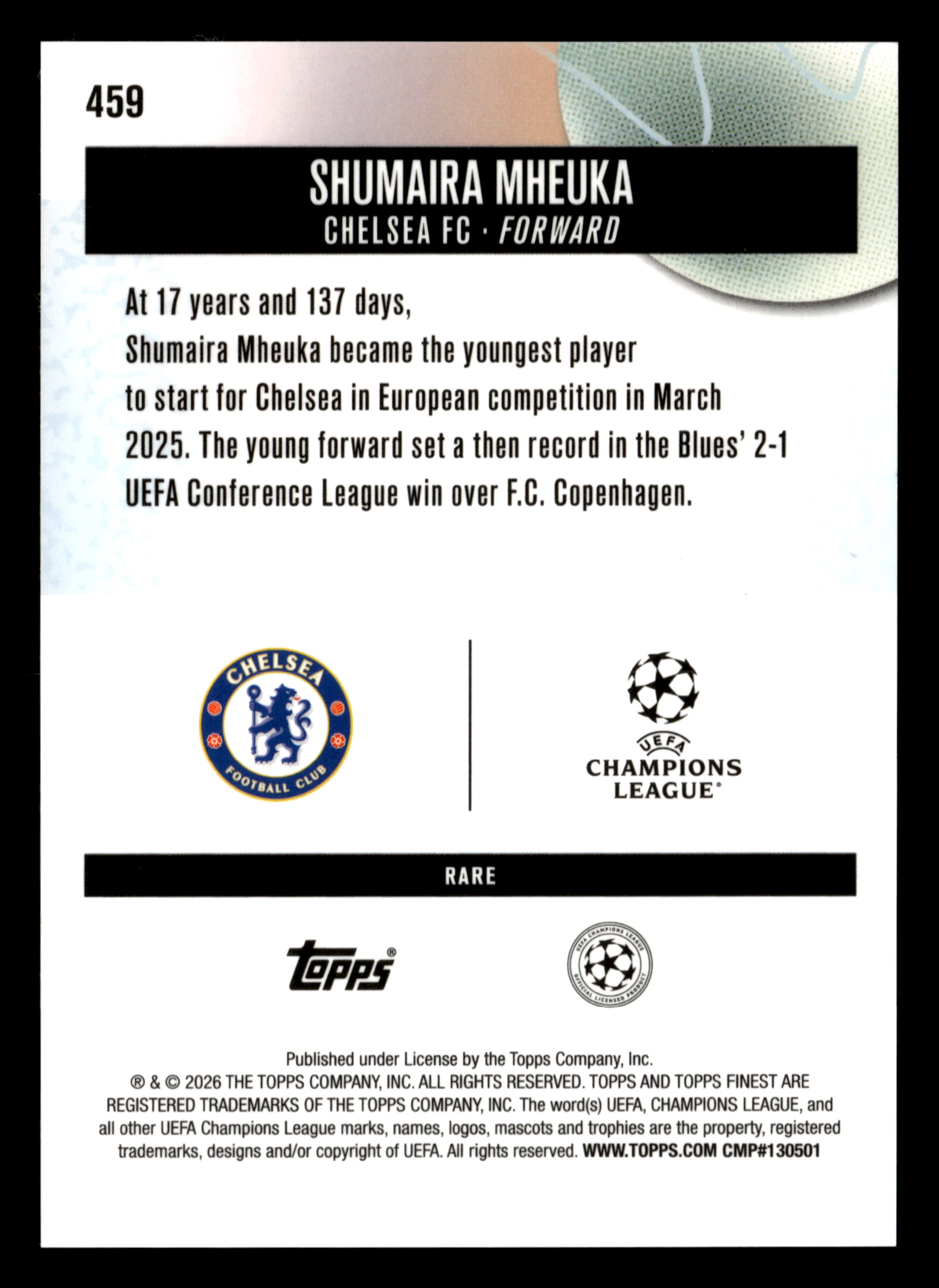 2025-26 Finest UEFA Club Competitions #459 Shumaira Mheuka Blue Refractor #/99 - Image 2