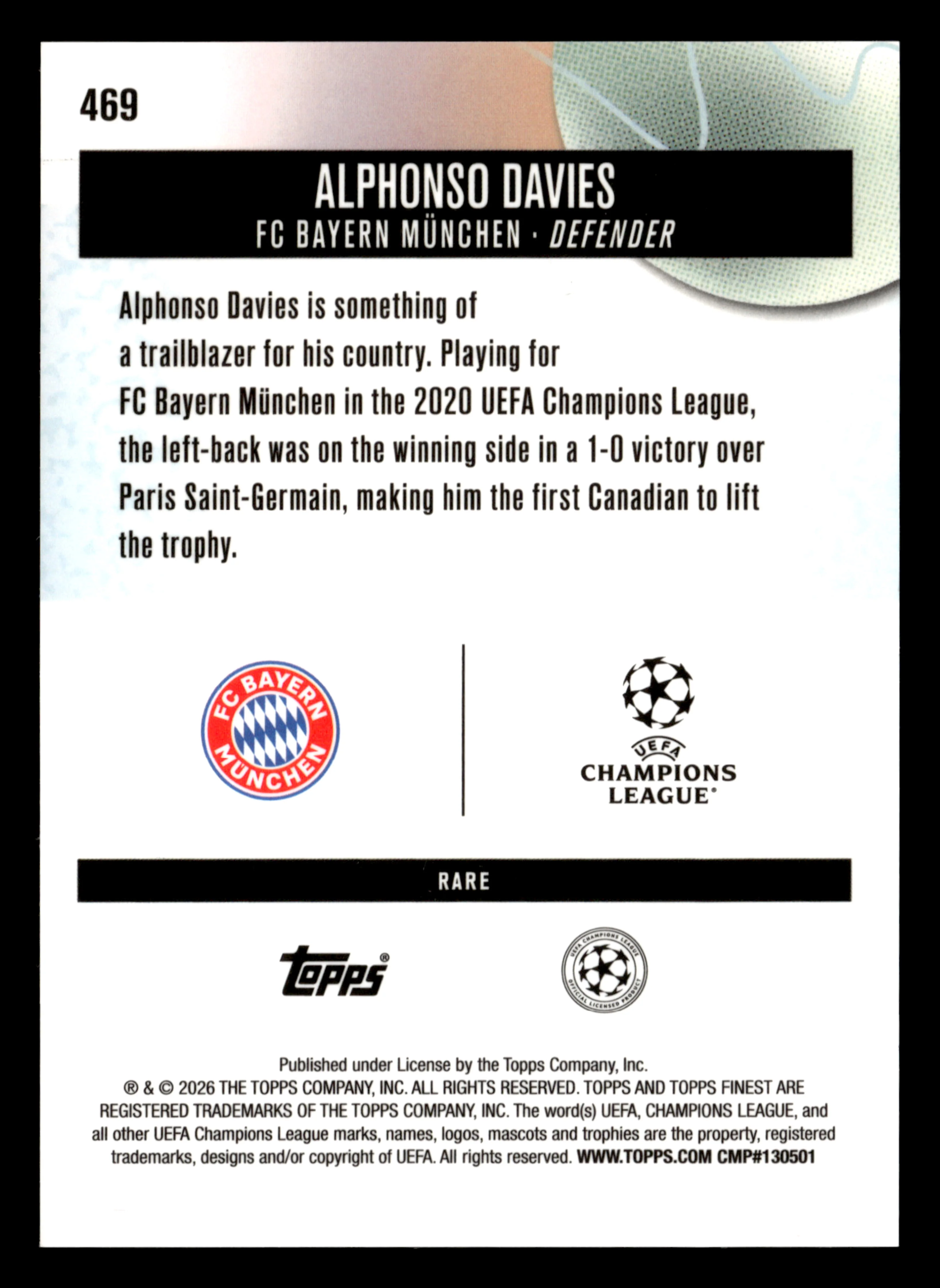 2025-26 Finest UEFA Club Competitions #469 Alphonso Davies Blue Refractor #/99 - Image 2