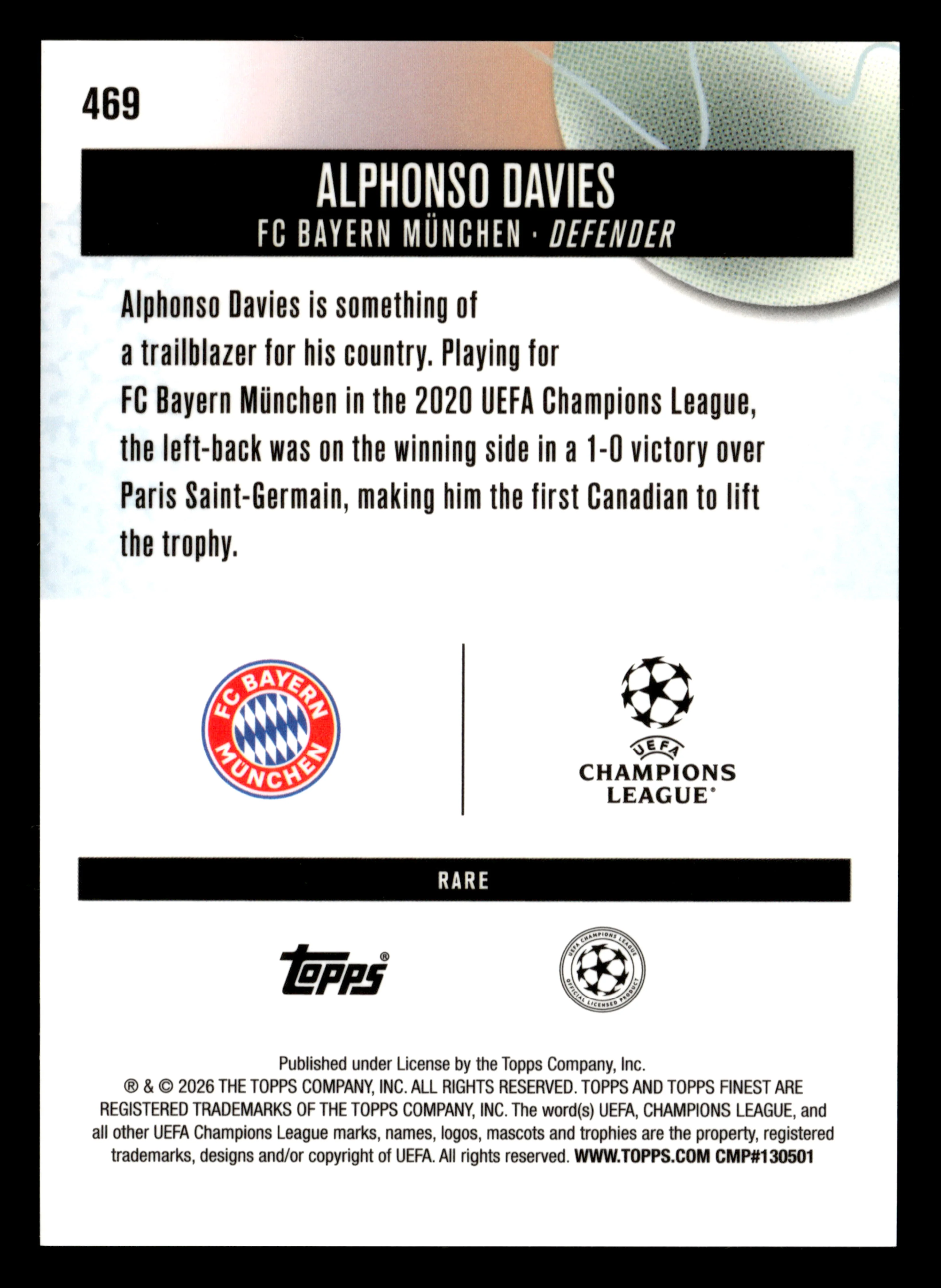 2025-26 Finest UEFA Club Competitions #469 Alphonso Davies Green Refractor #/25 - Image 2