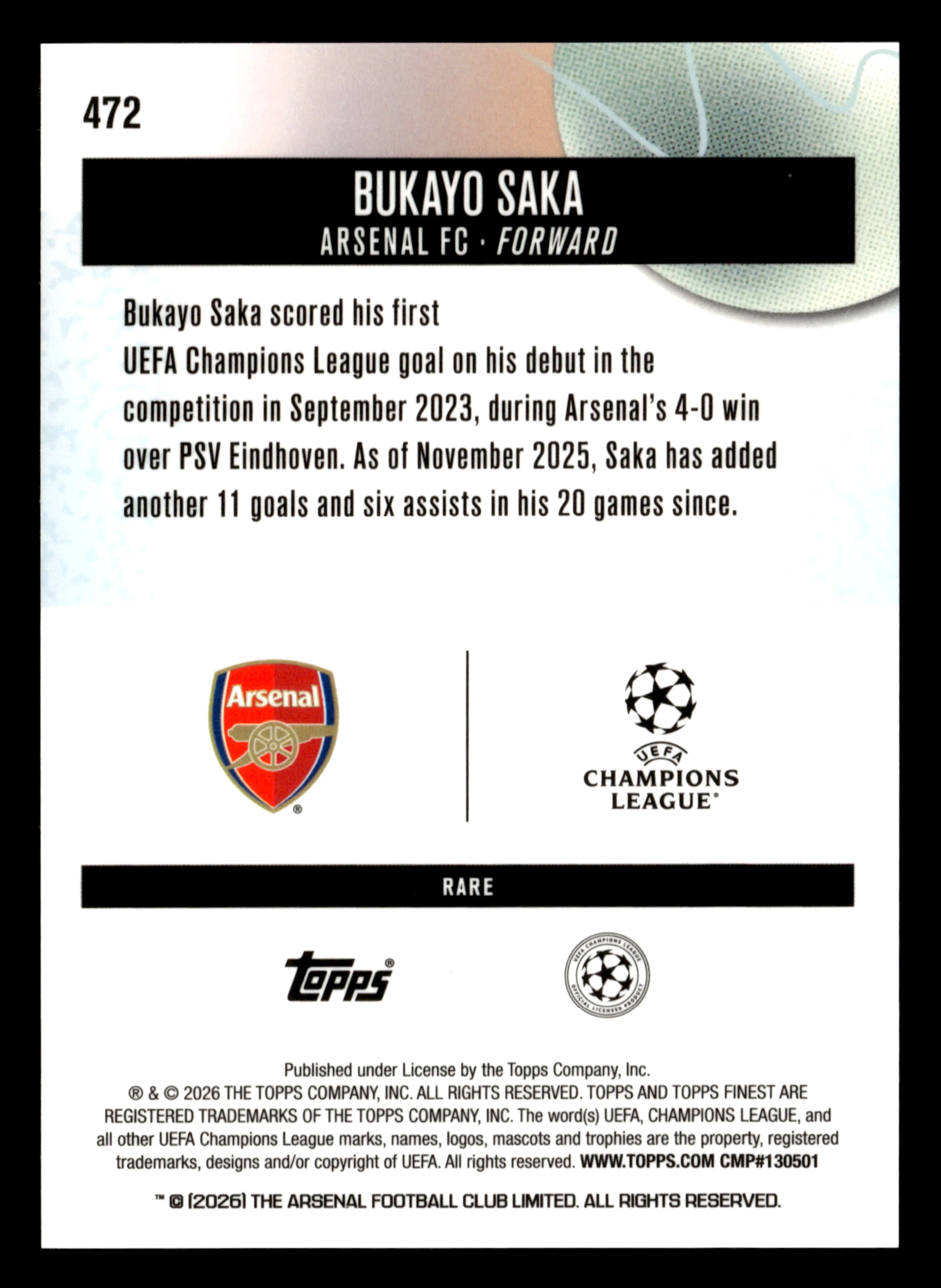 2025-26 Finest UEFA Club Competitions #472 Bukayo Saka Green Refractor #/25 - Image 2