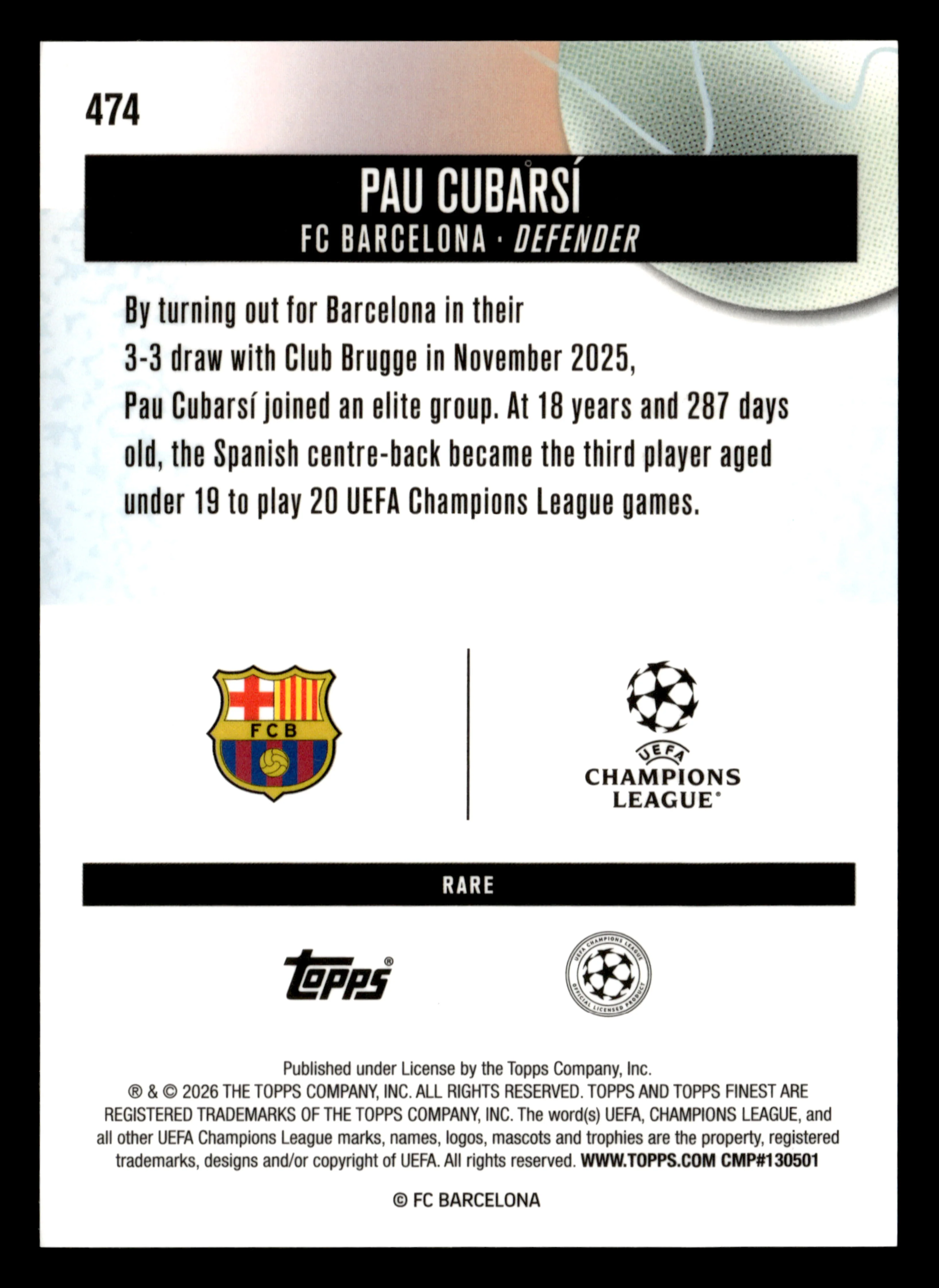 2025-26 Finest UEFA Club Competitions #474 Pau Cubarsí Gold Refractor #/20 - Image 2
