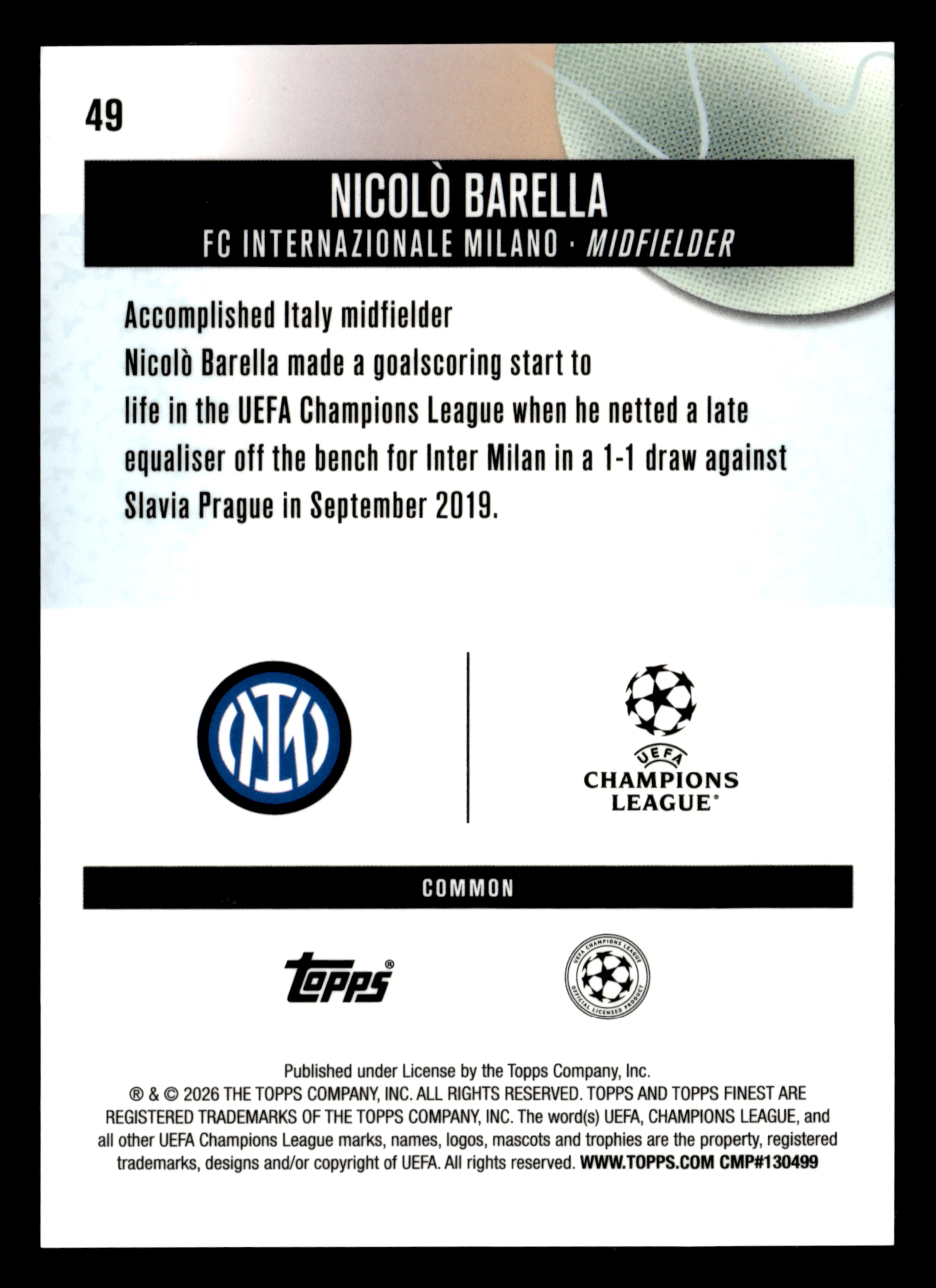 2025-26 Finest UEFA Club Competitions #49 Nicolò Barella Orange Refractor #/25 - Image 2