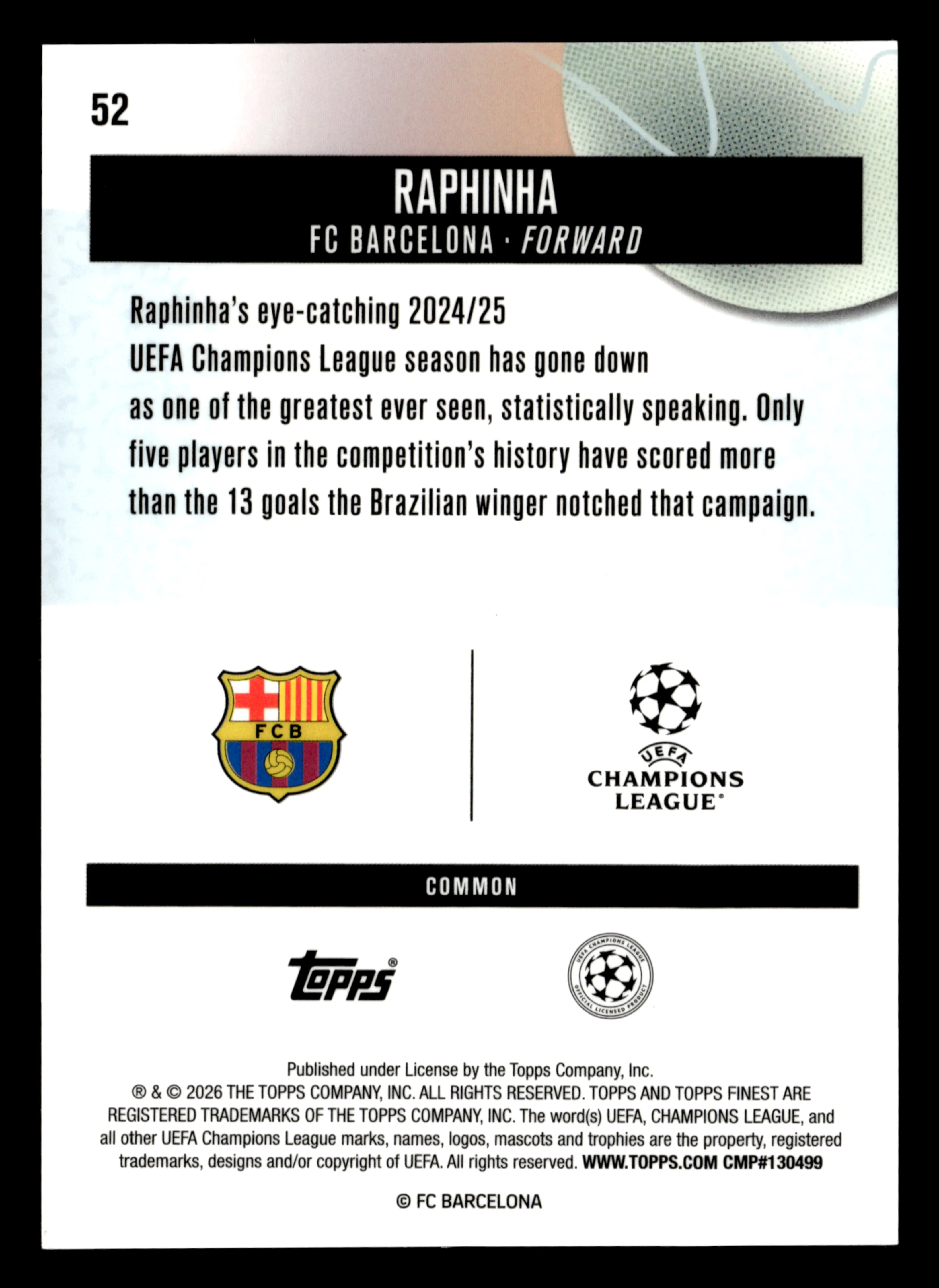 2025-26 Finest UEFA Club Competitions #52 Raphinha Blue Refractor #/200 - Image 2