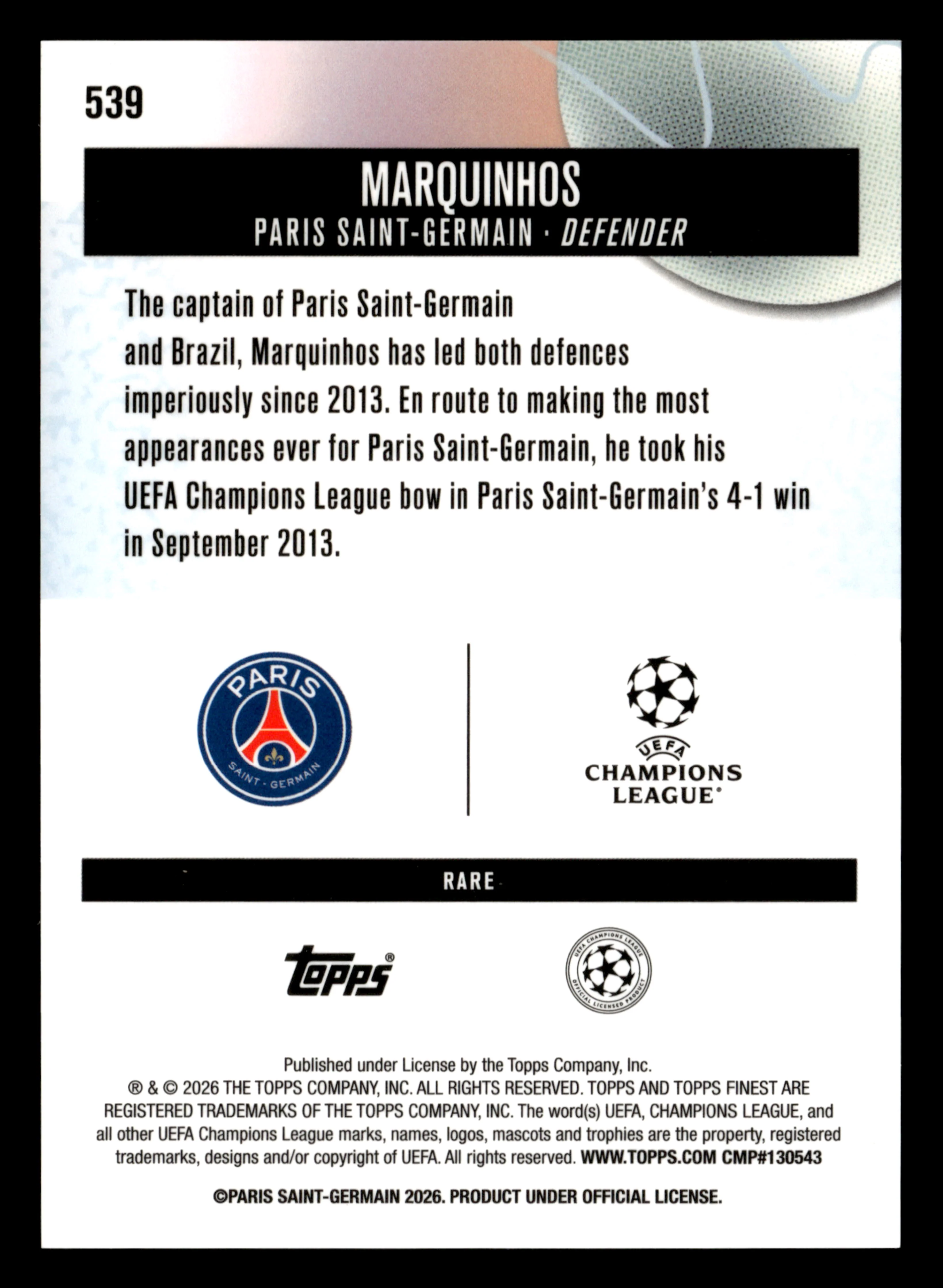 2025-26 Finest UEFA Club Competitions #539 Marquinhos Blue Refractor #/99 - Image 2
