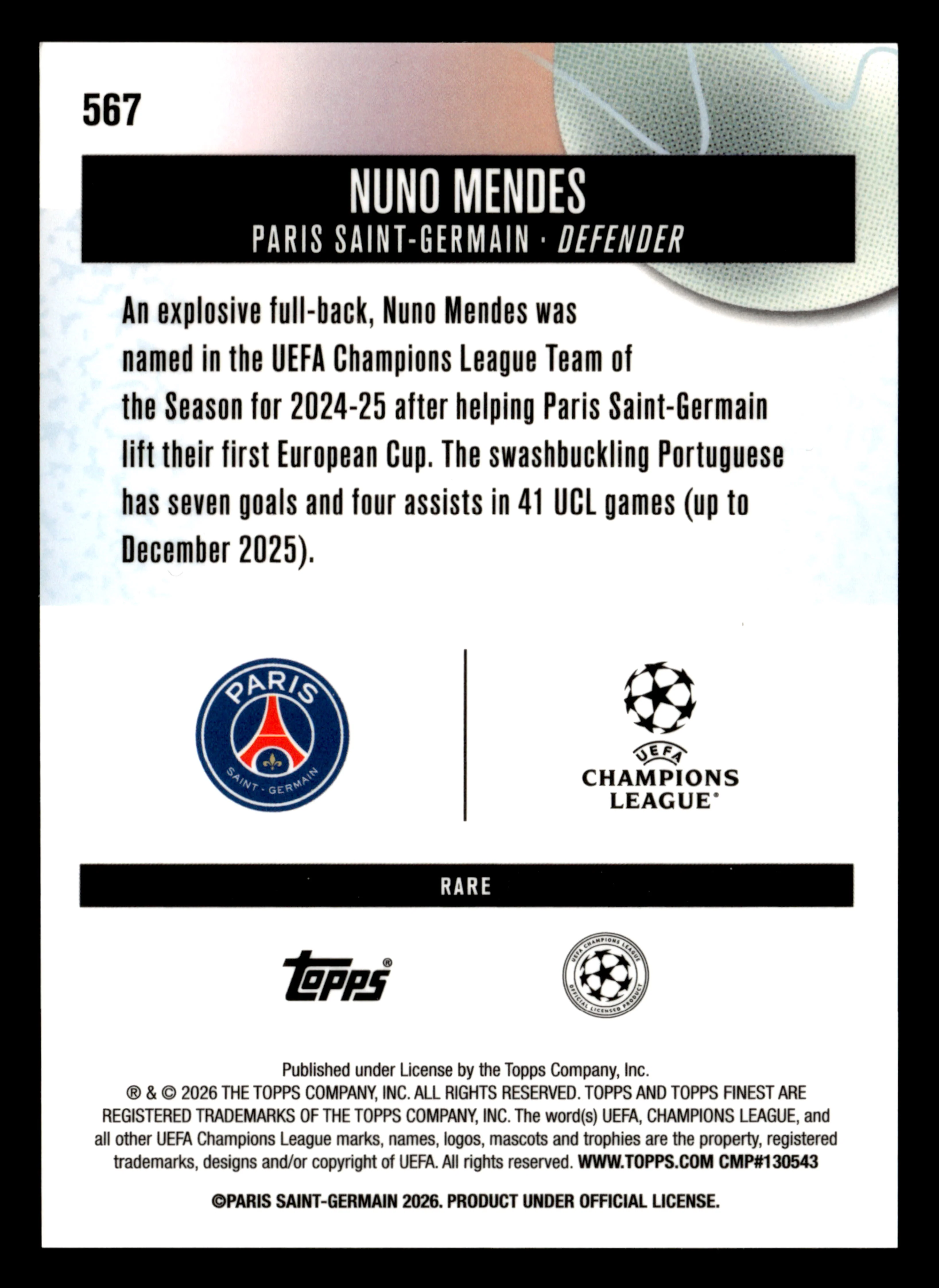 2025-26 Finest UEFA Club Competitions #567 Nuno Mendes Blue Refractor #/99 - Image 2