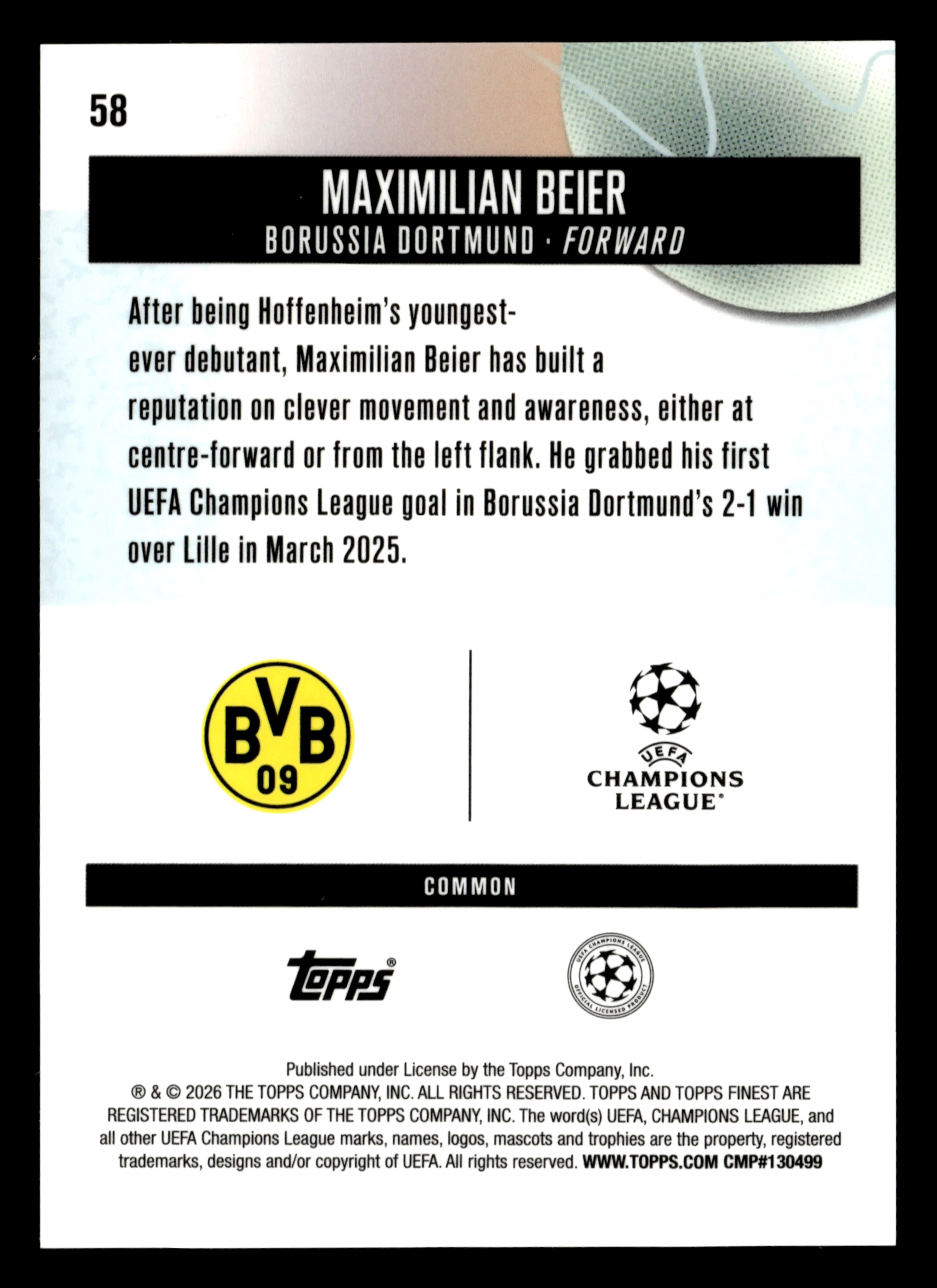 2025-26 Finest UEFA Club Competitions #58 Maximilian Beier Blue Refractor #/200 - Image 2