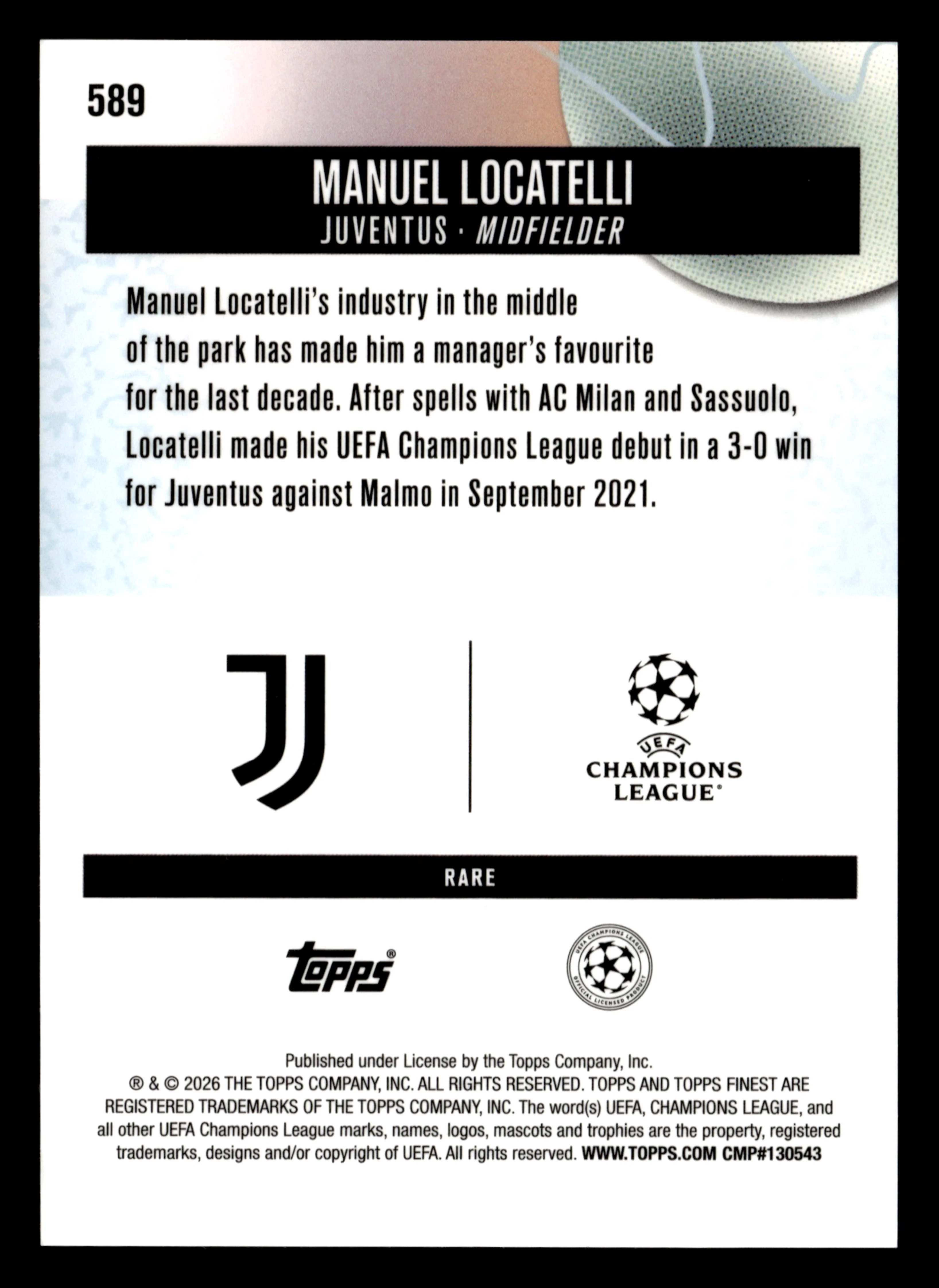 2025-26 Finest UEFA Club Competitions #589 Manuel Locatelli Blue Refractor #/99 - Image 2