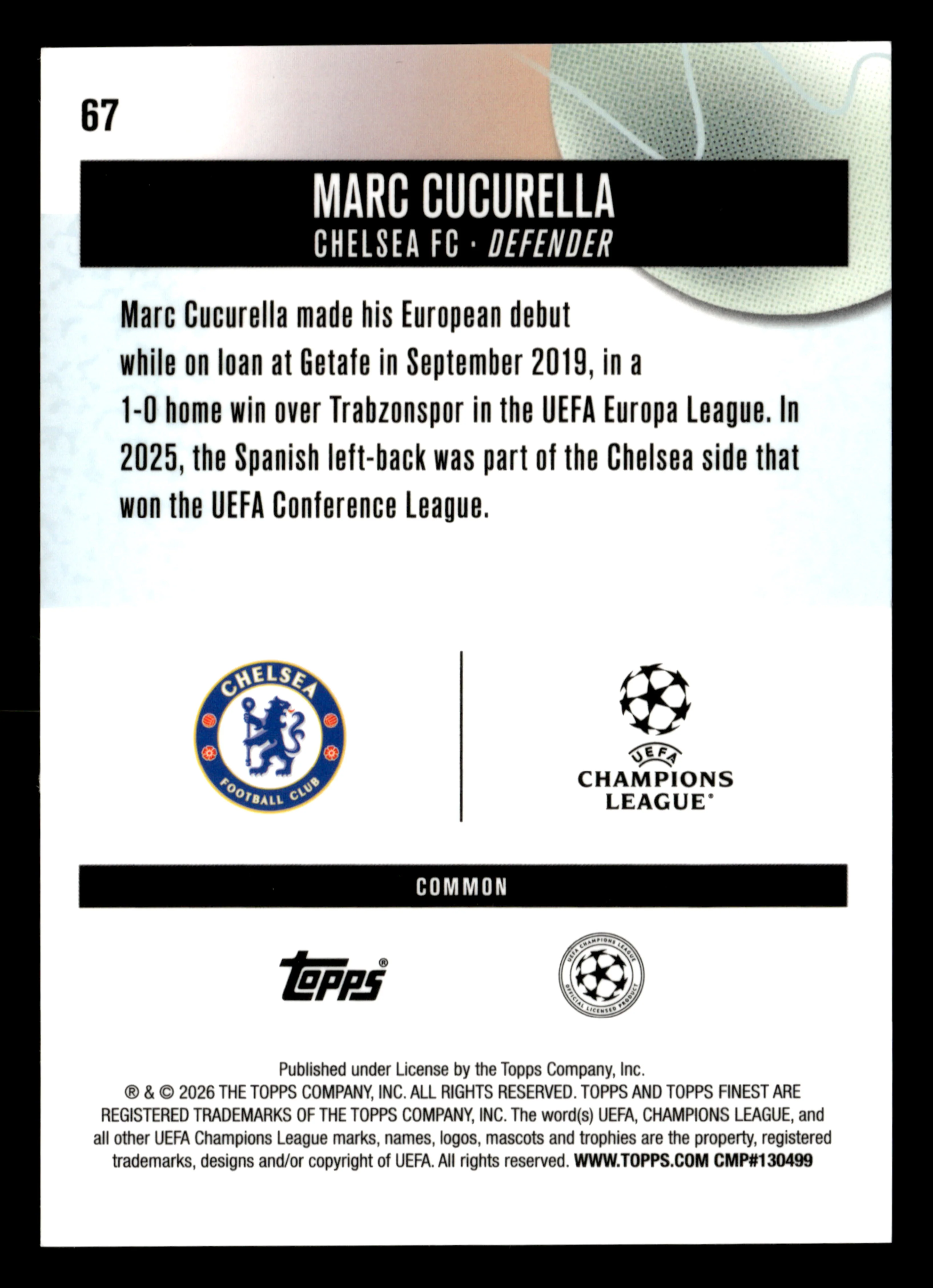 2025-26 Finest UEFA Club Competitions #67 Marc Cucurella Blue Refractor #/200 - Image 2