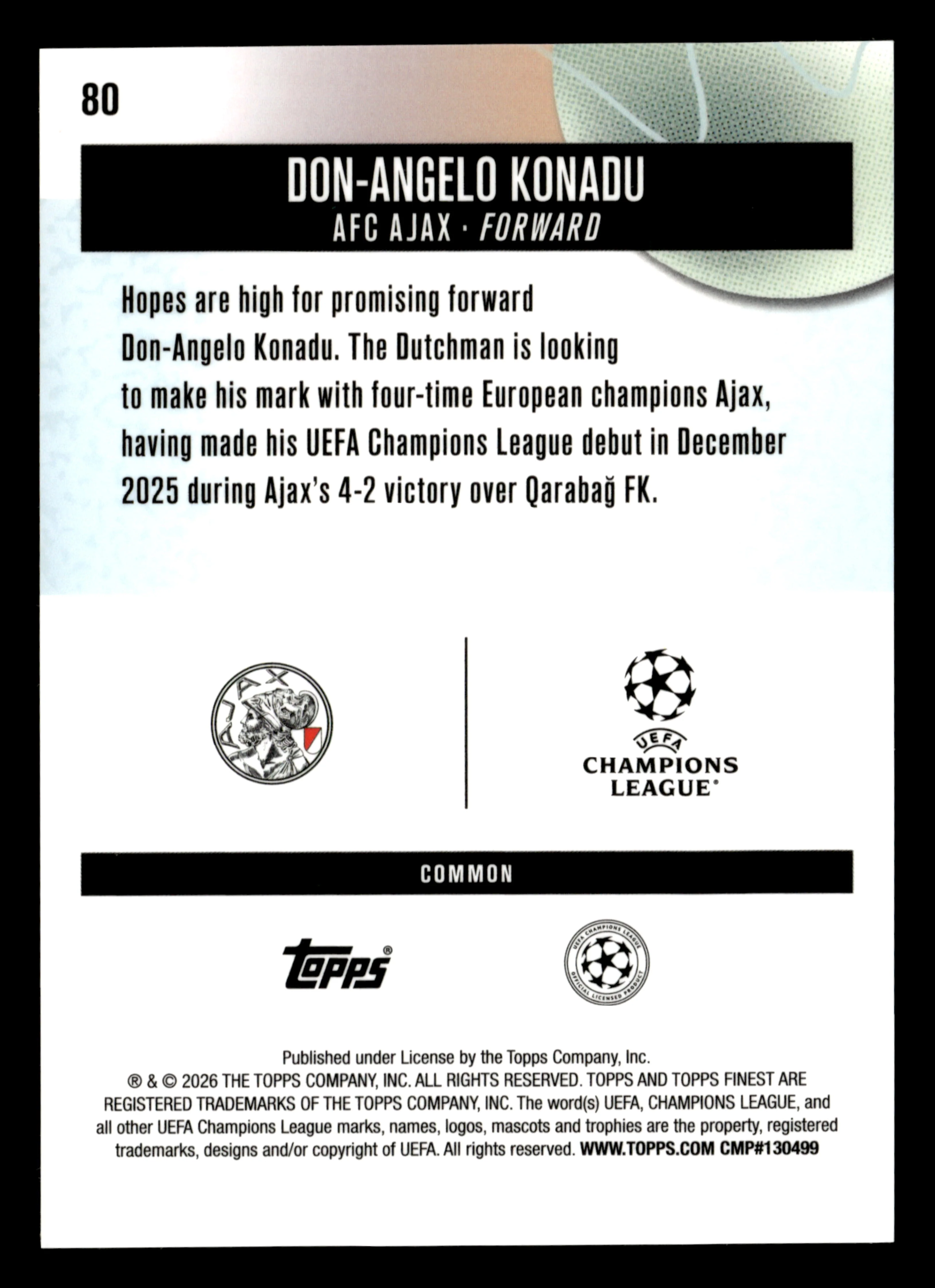 2025-26 Finest UEFA Club Competitions #80 Don-Angelo Konadu Blue Refractor #/200 - Image 2