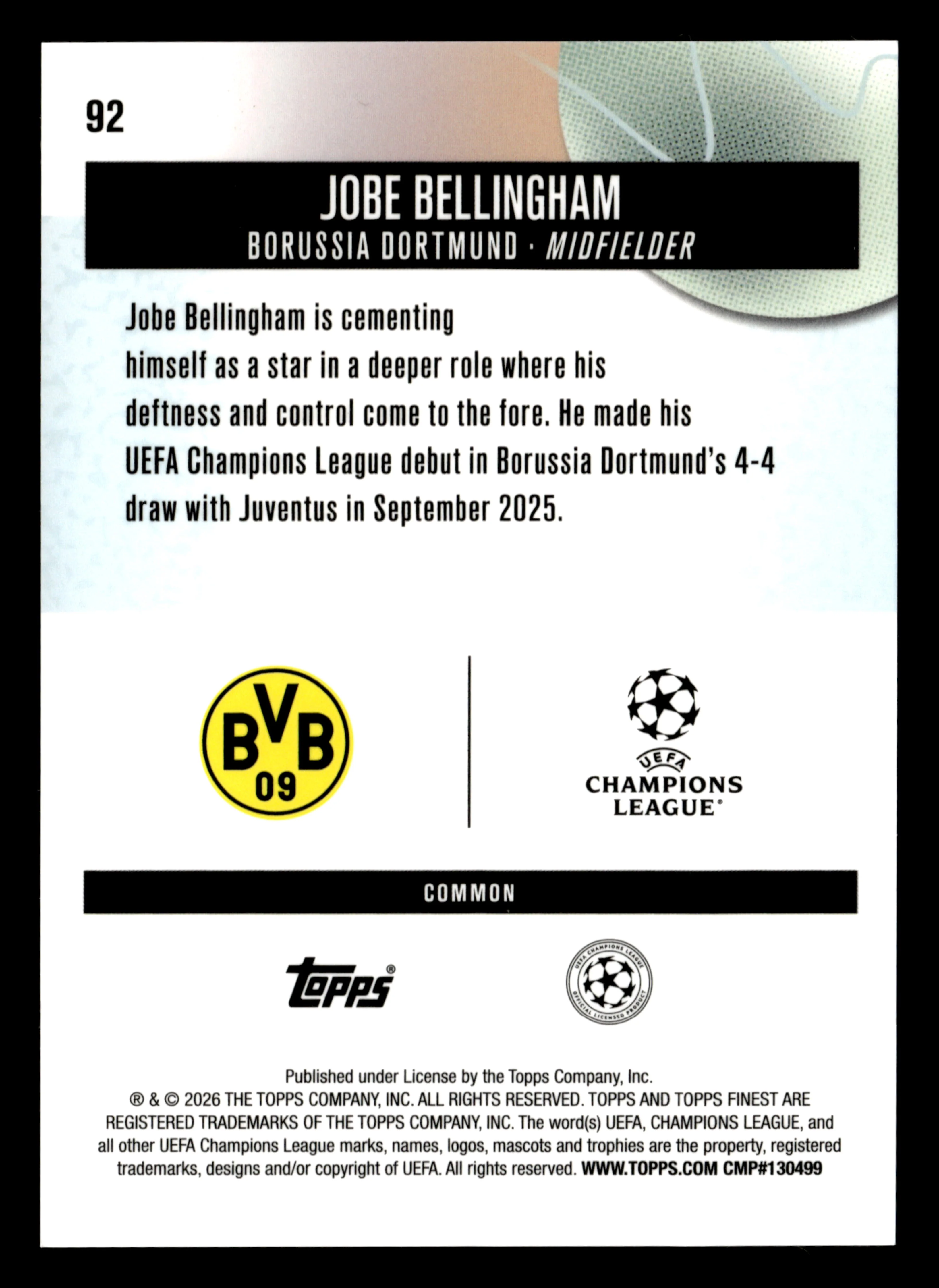 2025-26 Finest UEFA Club Competitions #92 Jobe Bellingham Black Refractor #/20 - Image 2