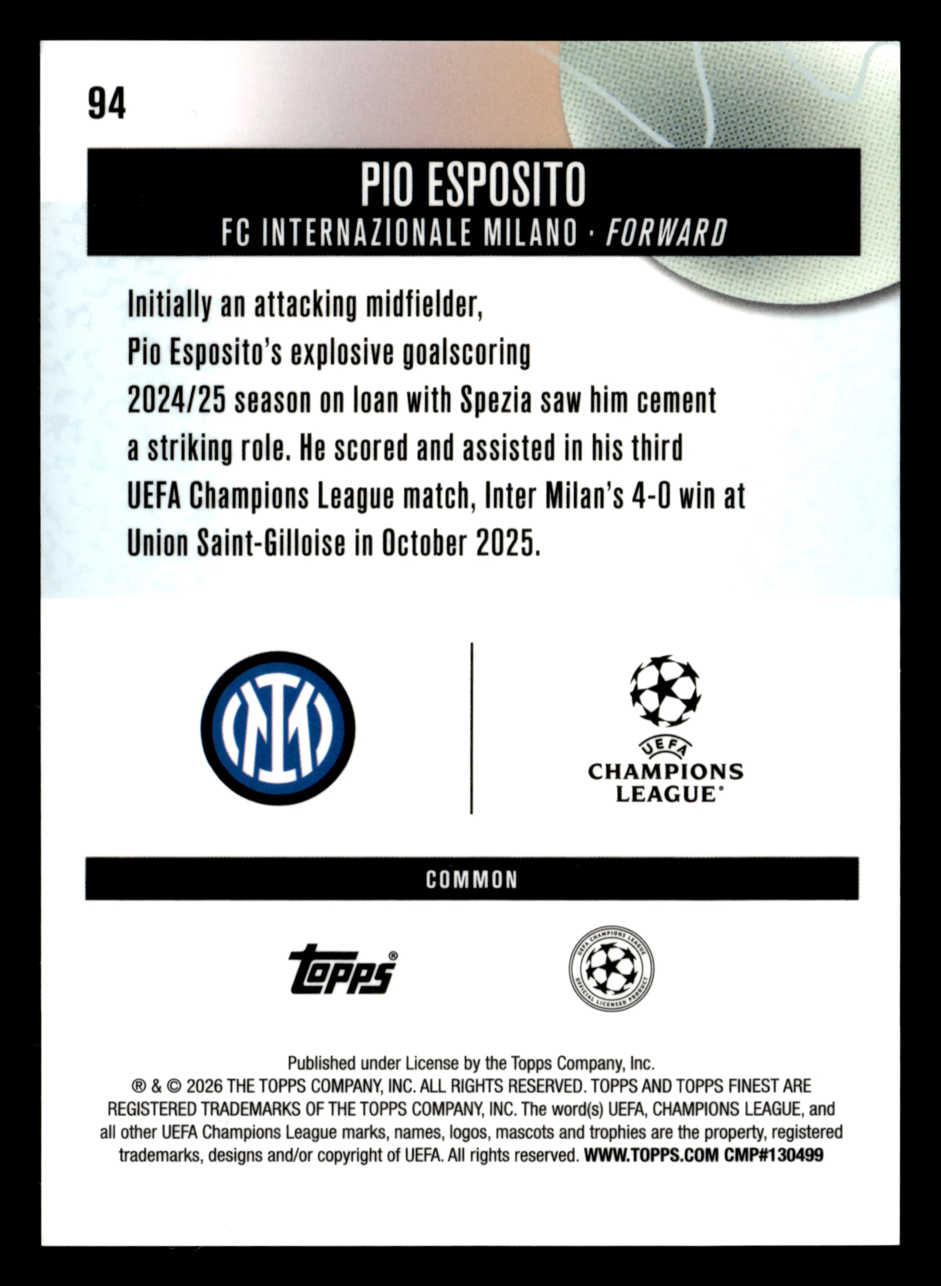 2025-26 Finest UEFA Club Competitions #94 Pio Esposito Green Refractor #/75 - Image 2