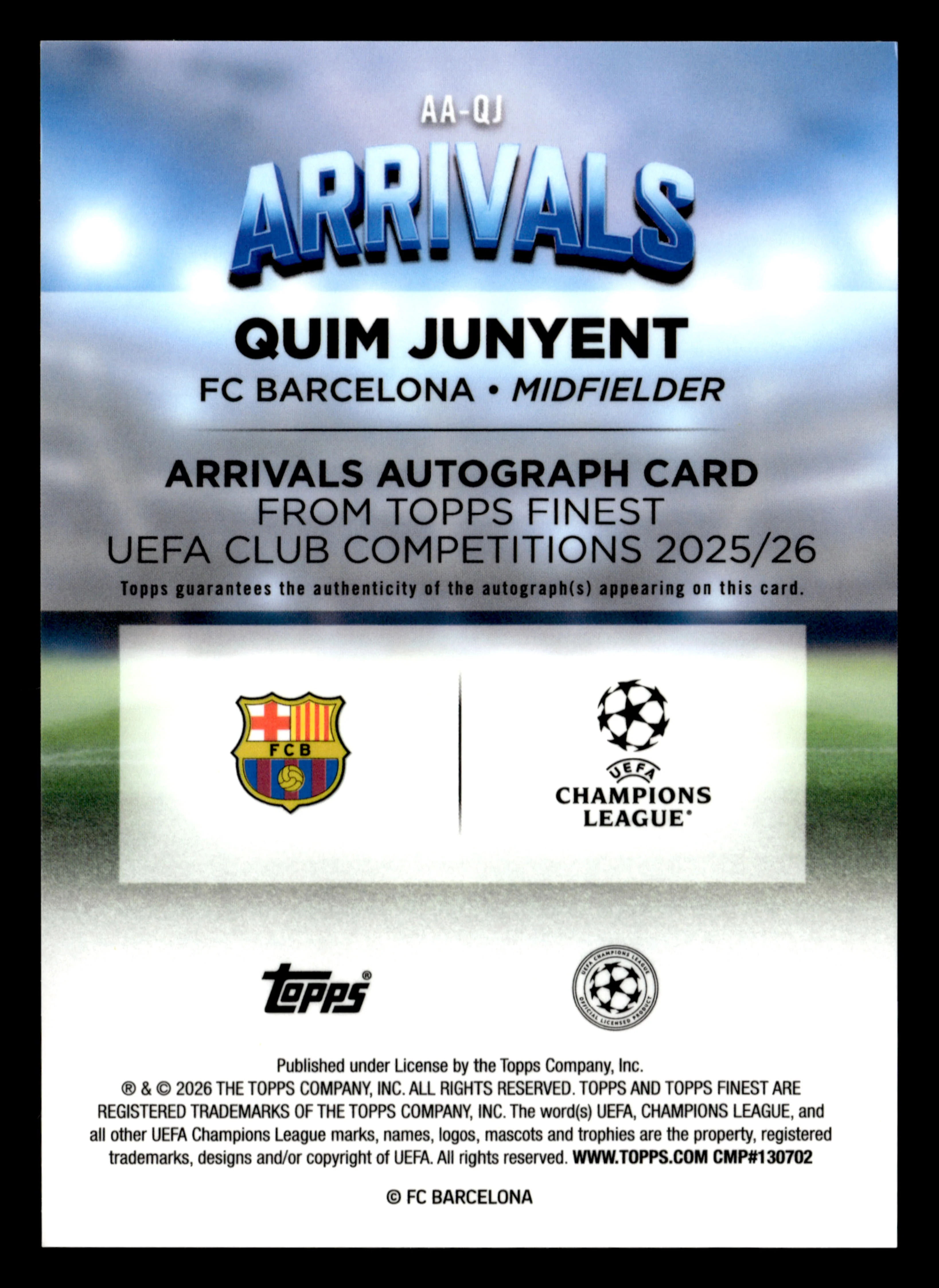 2025-26 Finest UEFA Club Competitions #AA-QJ Quim Junyent Arrivals Autographs - Image 2