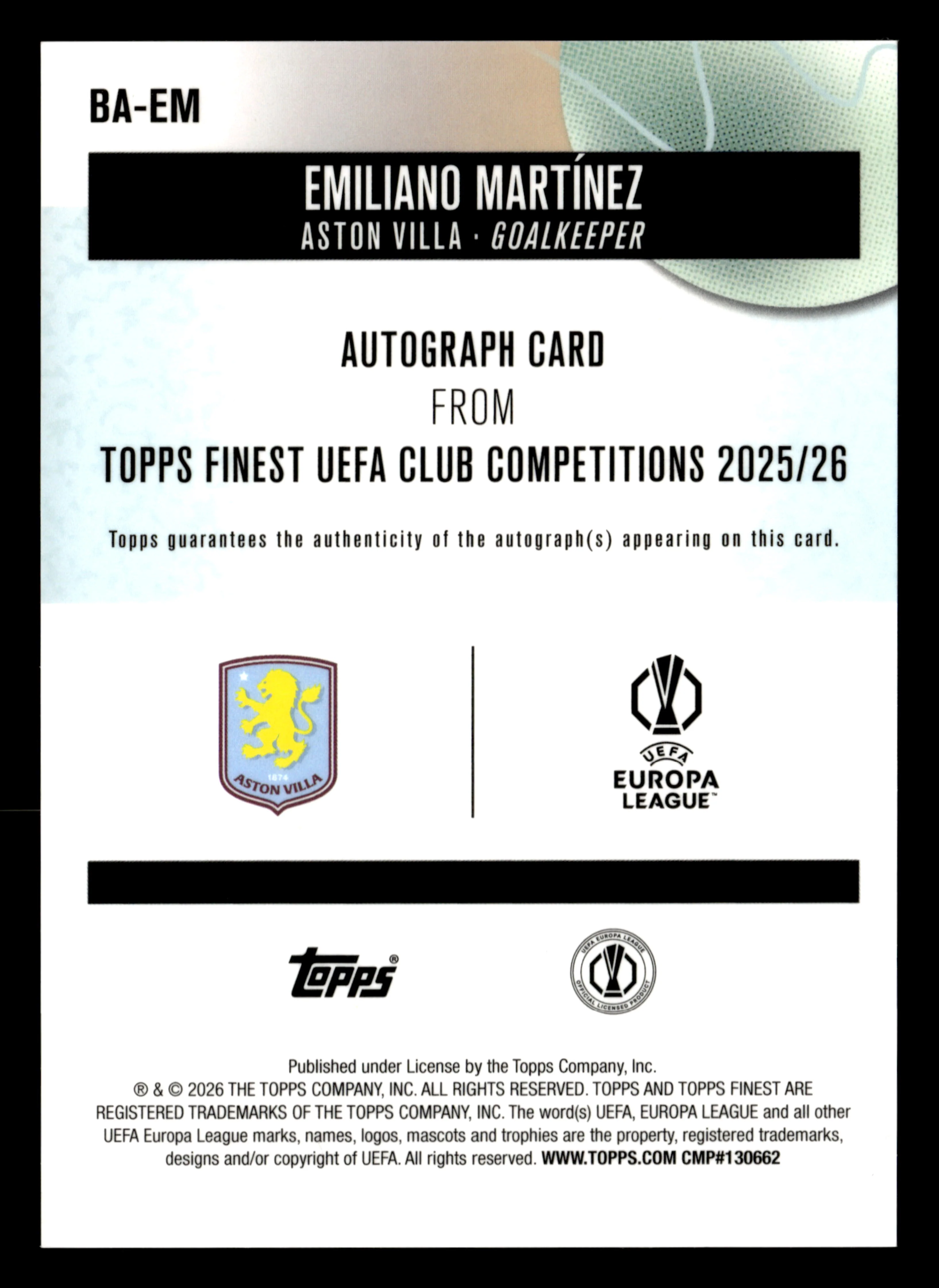 2025-26 Finest UEFA Club Competitions #BA-EM Emiliano Martínez Base Autographs - Image 2