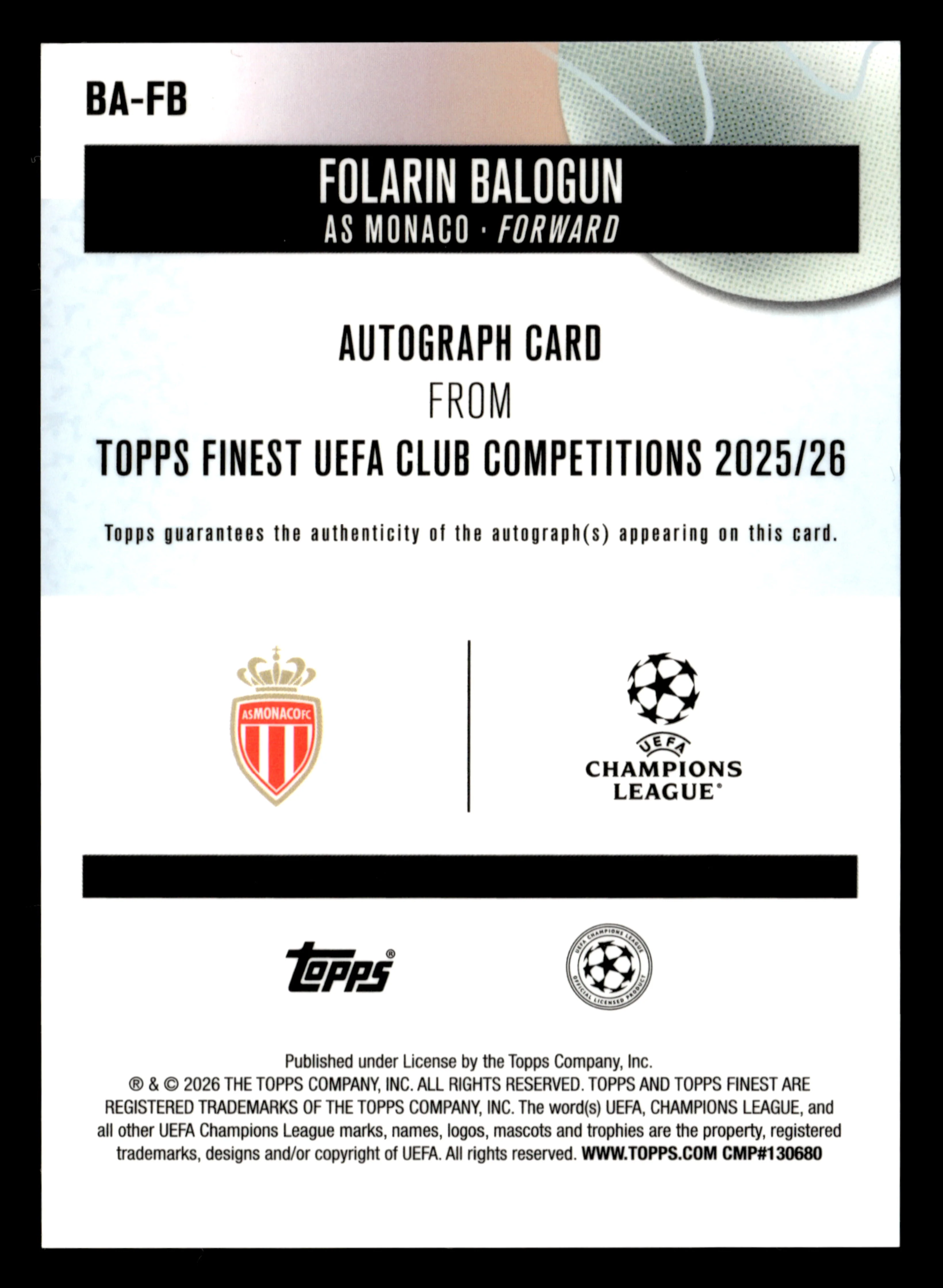 2025-26 Finest UEFA Club Competitions #BA-FB Folarin Balogun Base Autographs - Image 2