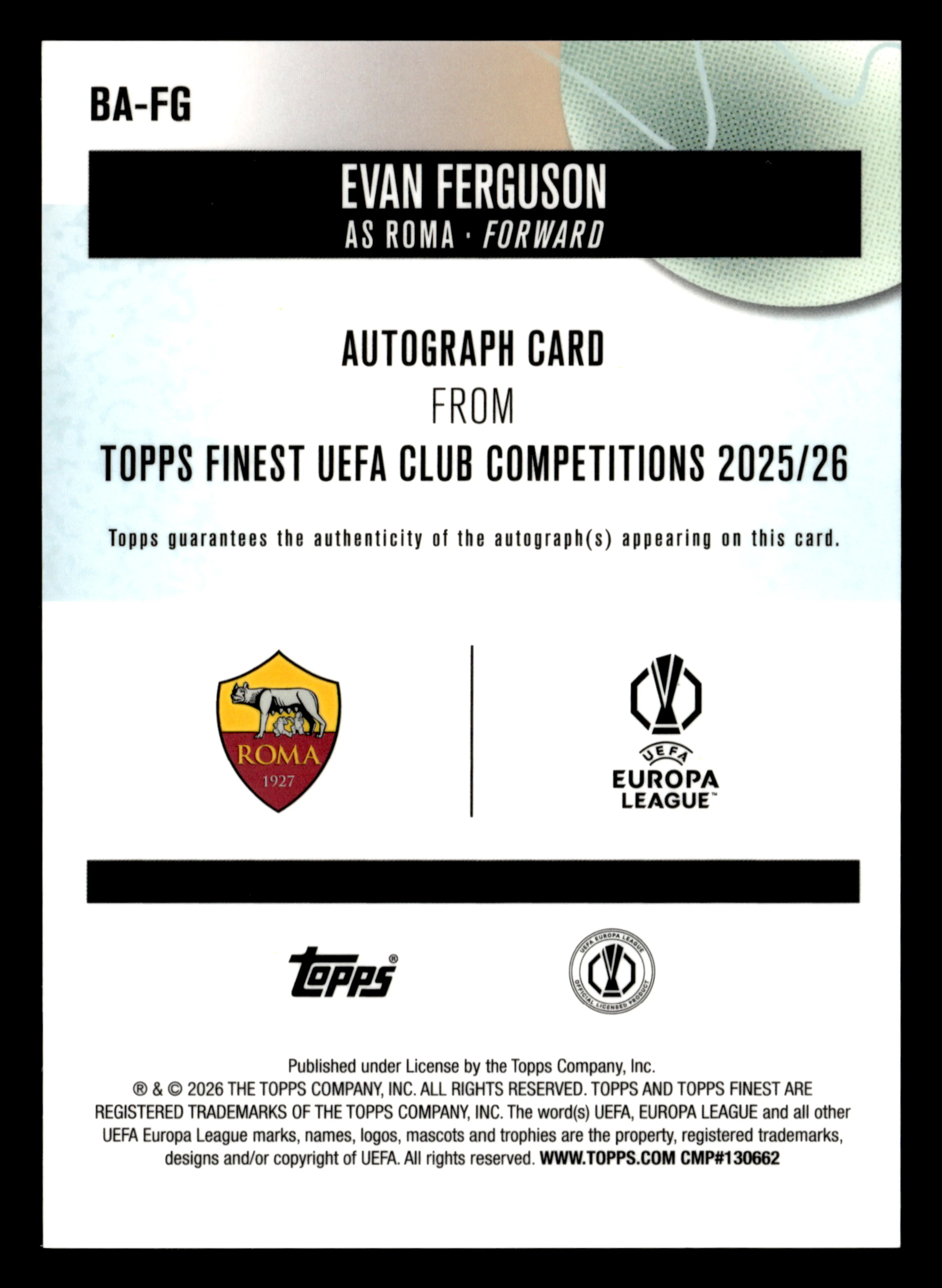 2025-26 Finest UEFA Club Competitions #BA-FG Evan Ferguson Base Autographs - Image 2