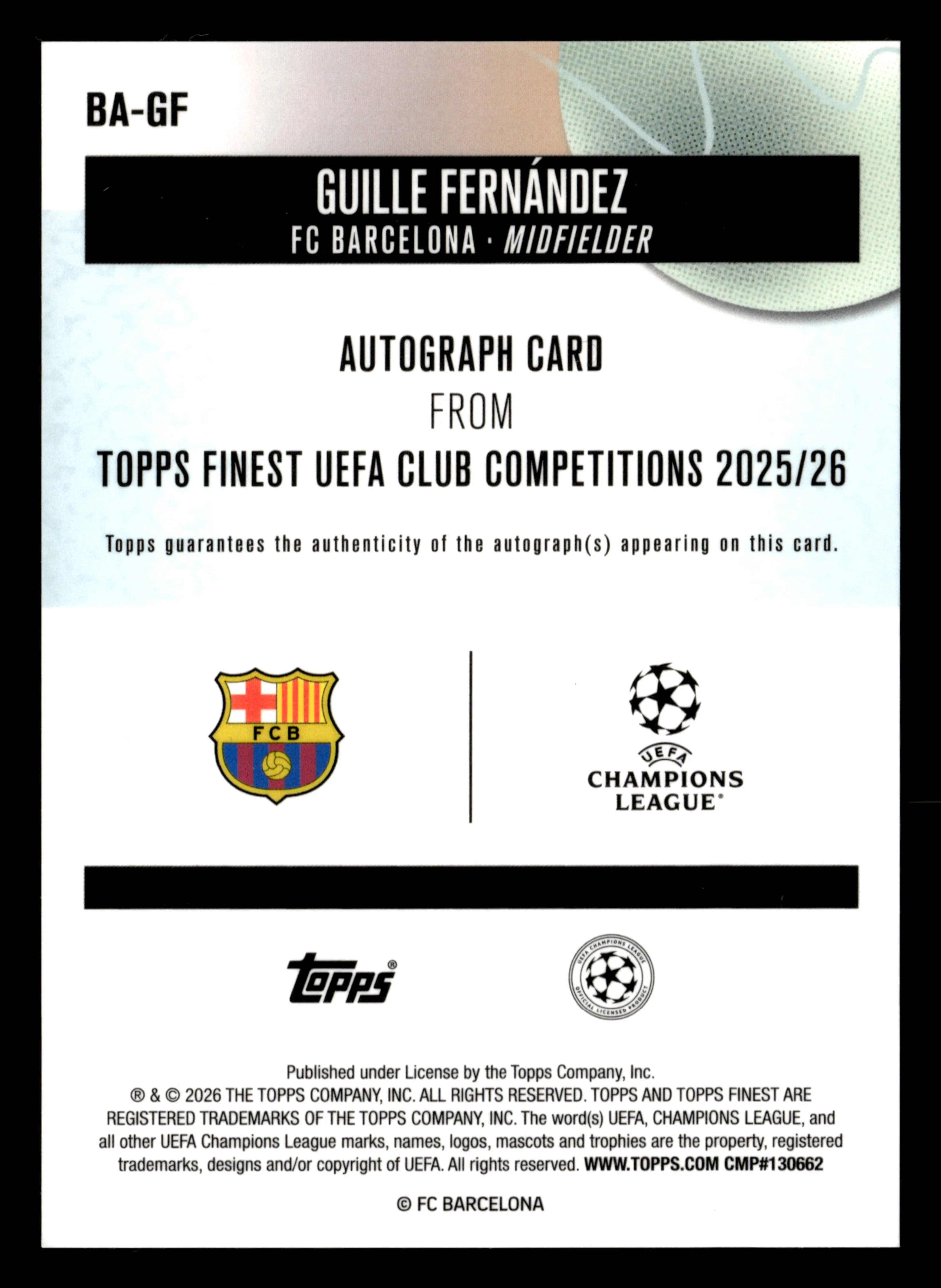 2025-26 Finest UEFA Club Competitions #BA-GF Guille Fernández Base Autographs - Image 2